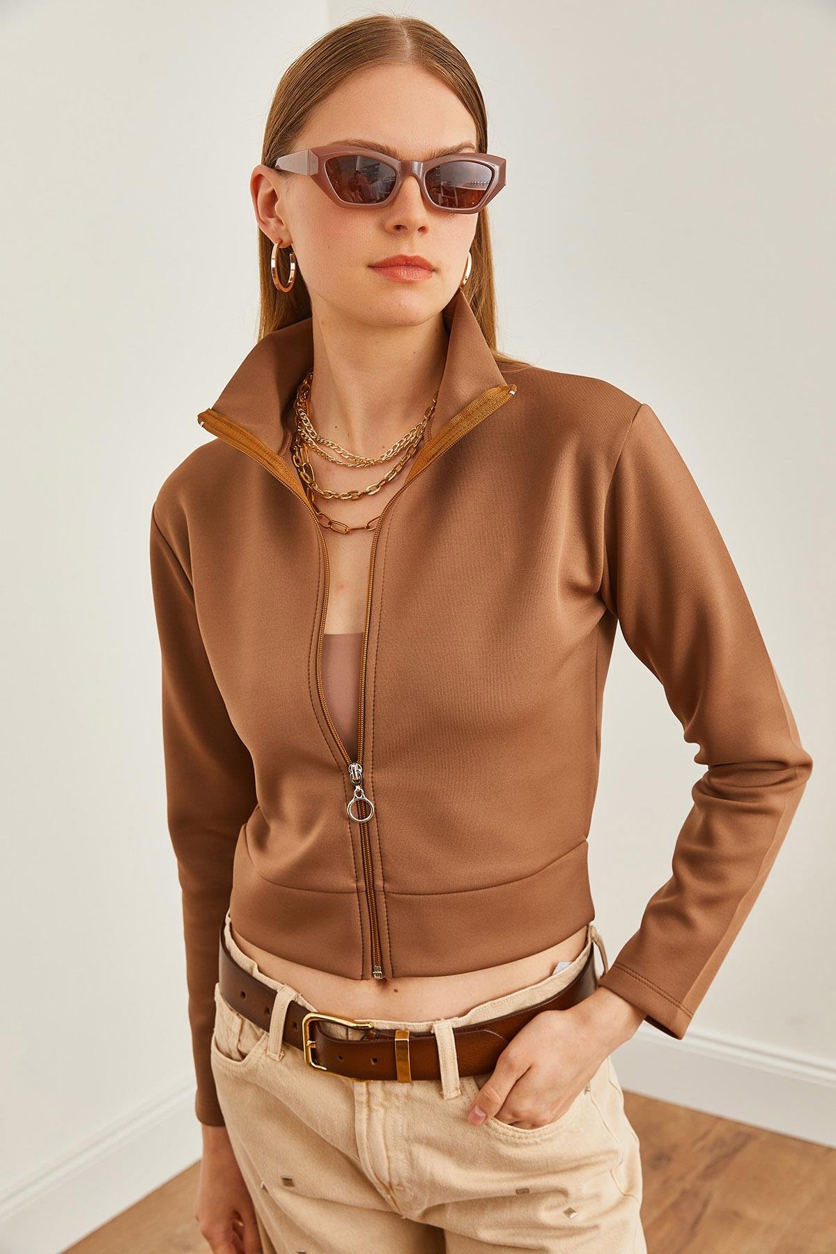 Fermuarlı Scuba Ceket Kahverengi