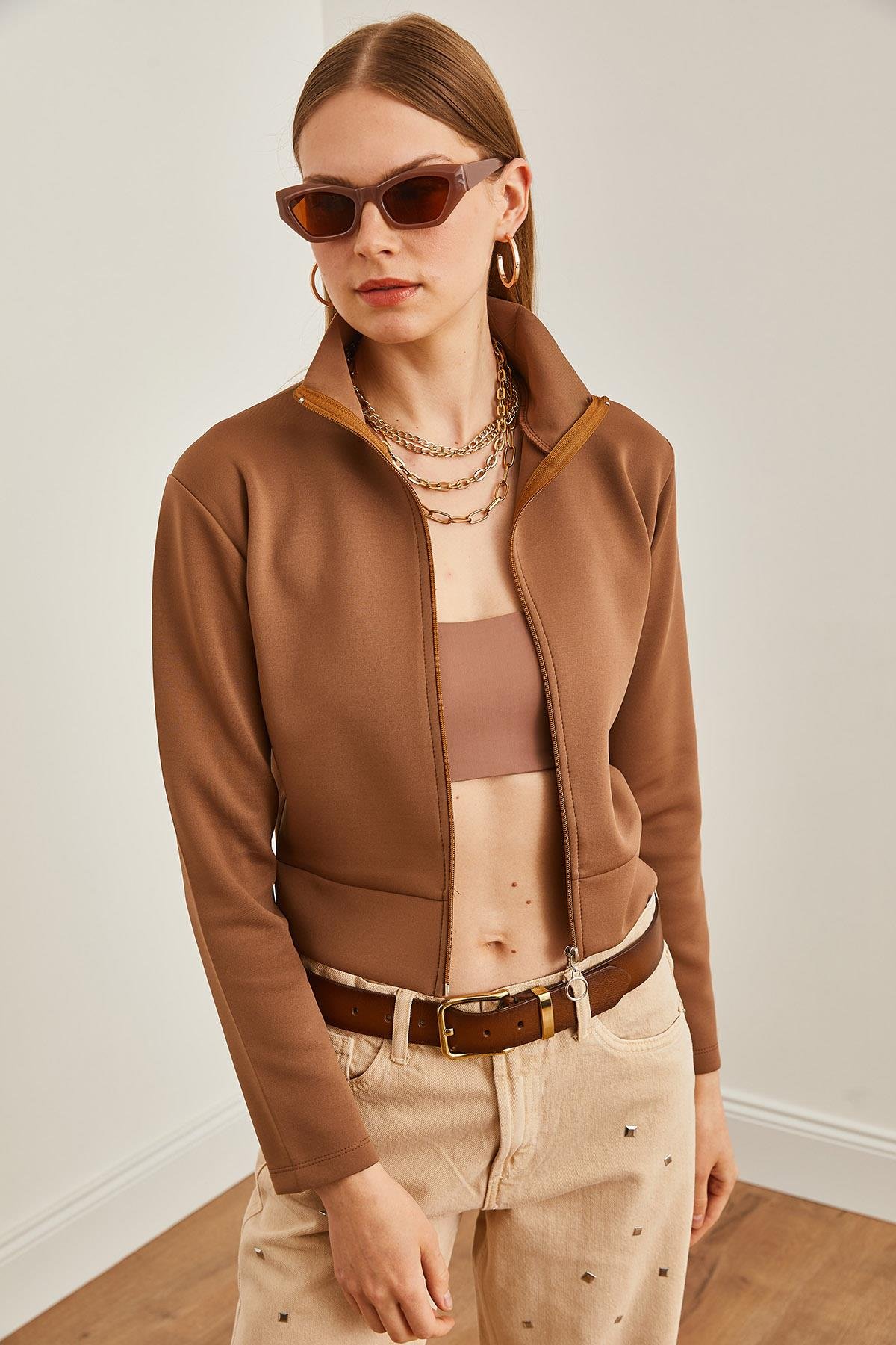 Fermuarlı Scuba Ceket Kahverengi