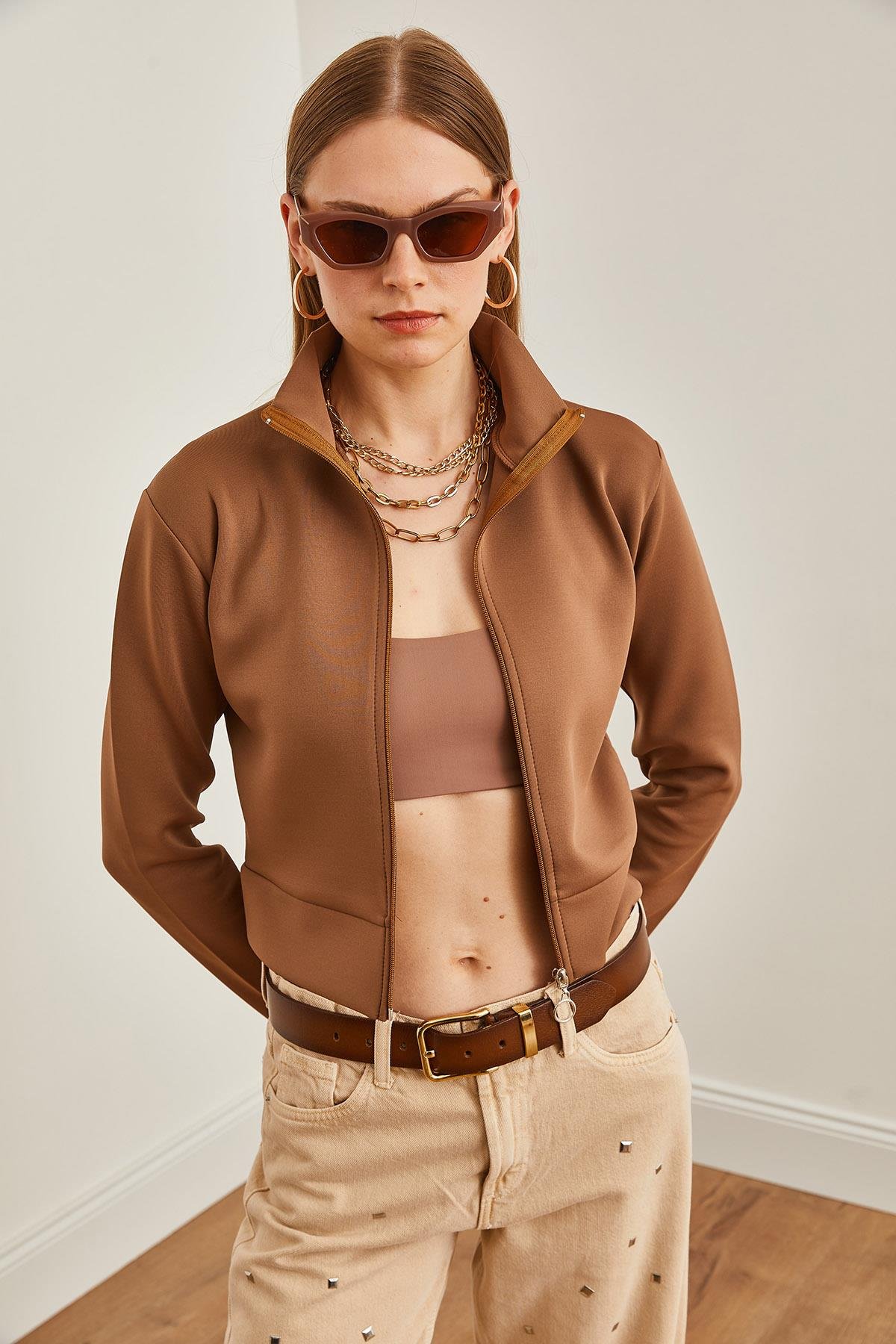 Fermuarlı Scuba Ceket Kahverengi