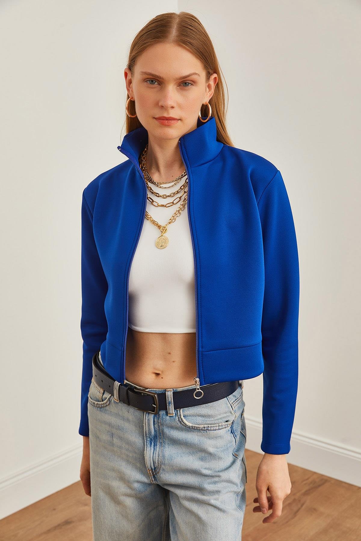 Fermuarlı Scuba Ceket Saks Mavi