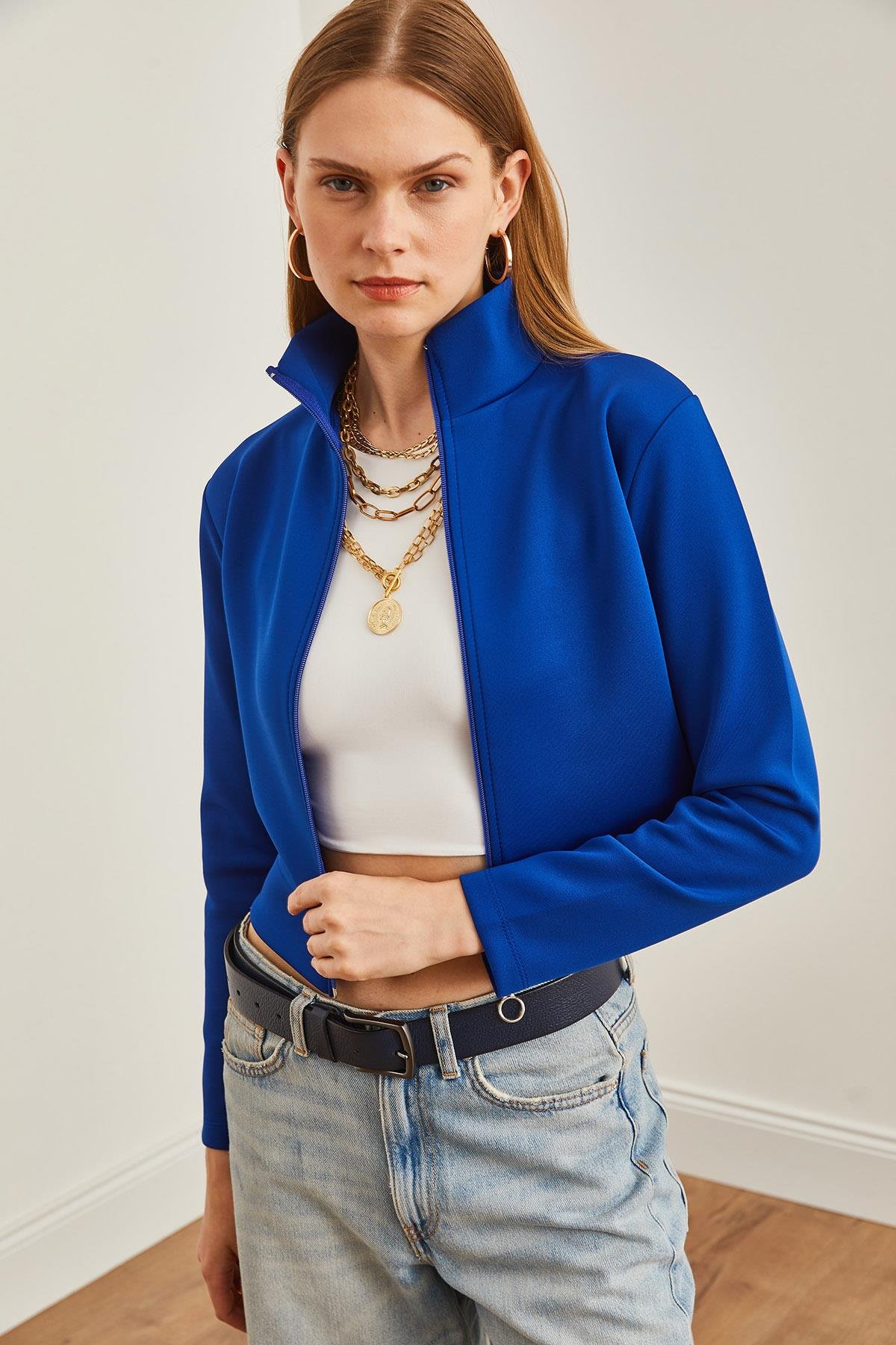 Fermuarlı Scuba Ceket Saks Mavi