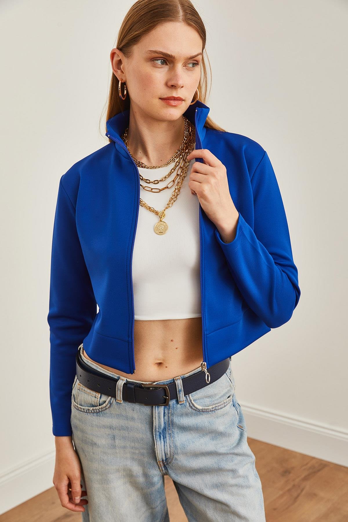 Fermuarlı Scuba Ceket Saks Mavi