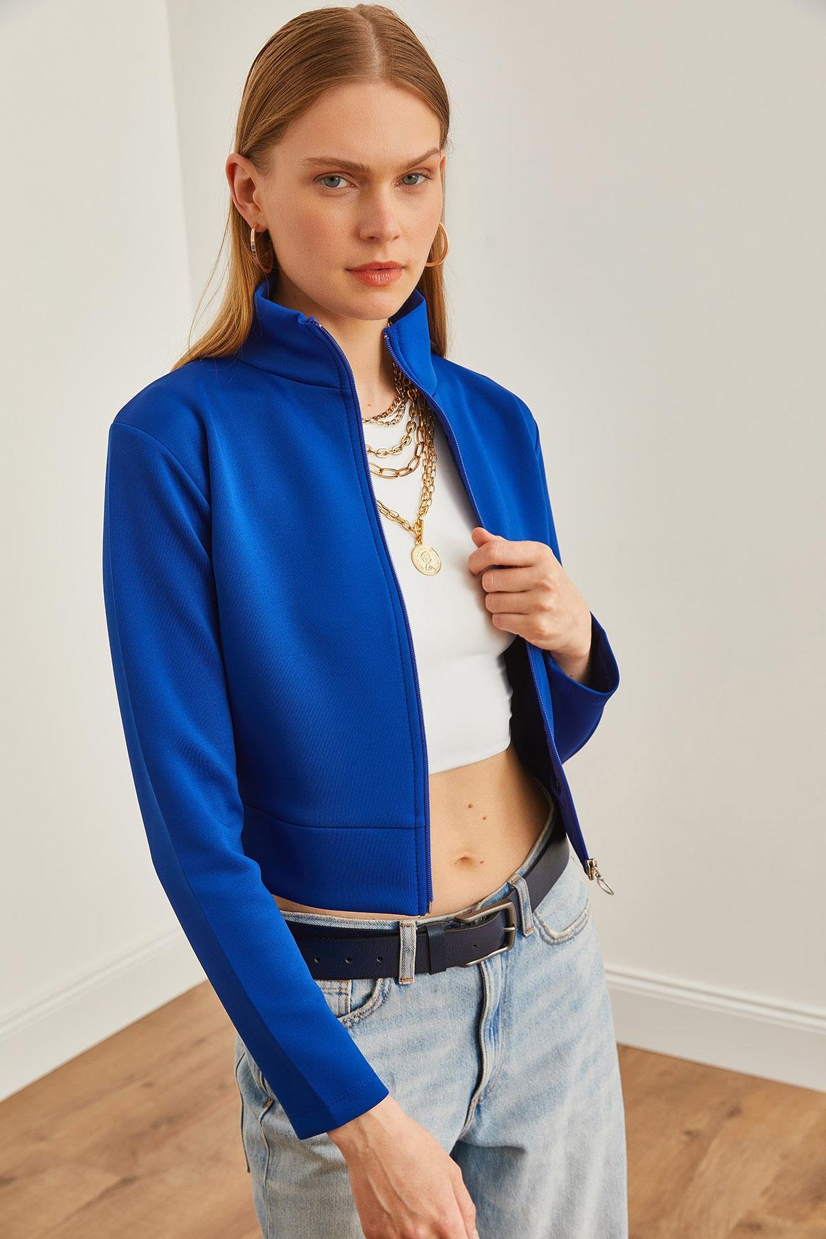 Fermuarlı Scuba Ceket Saks Mavi