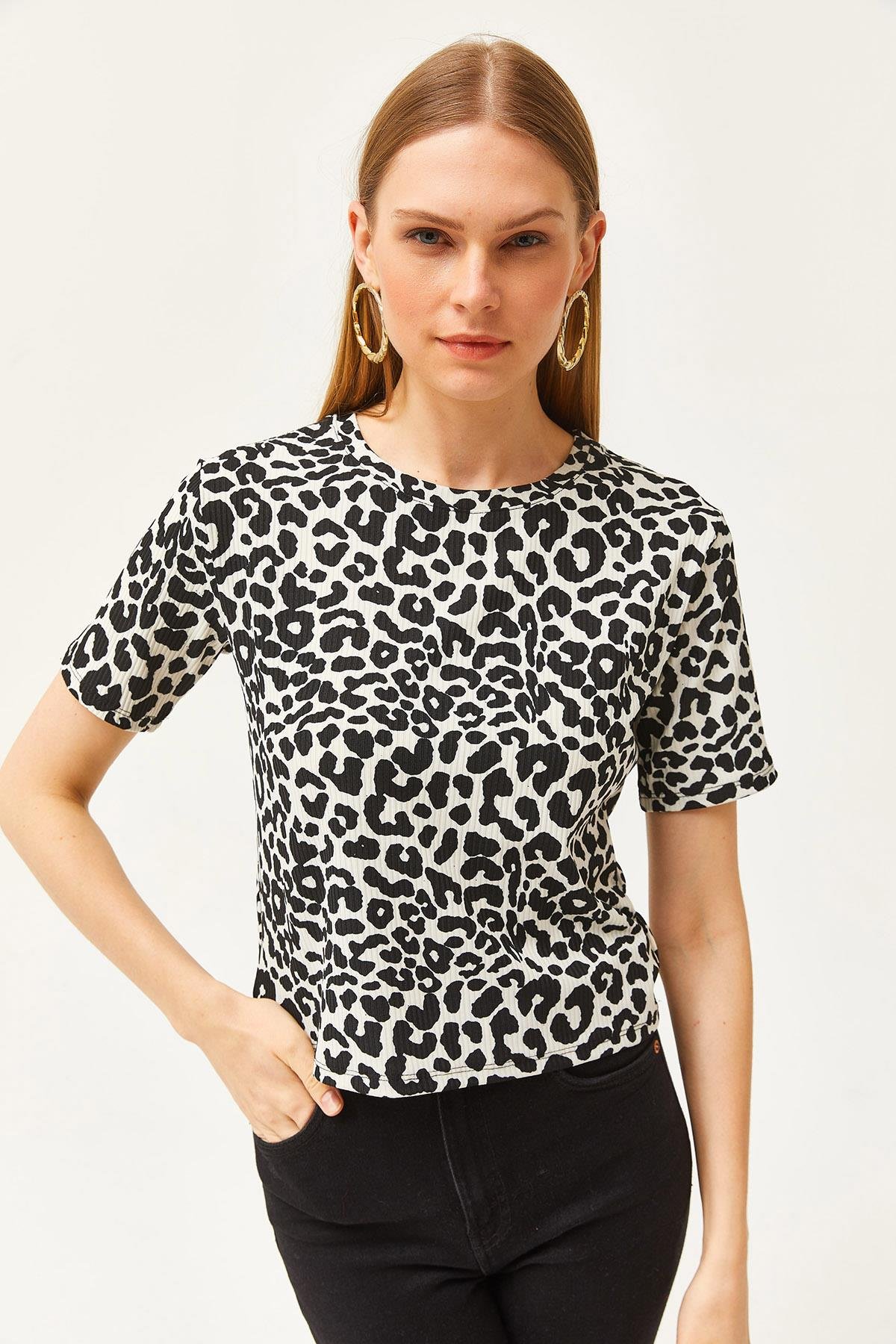 Fitilli Crop Örme Tişört Leopar Beyaz
