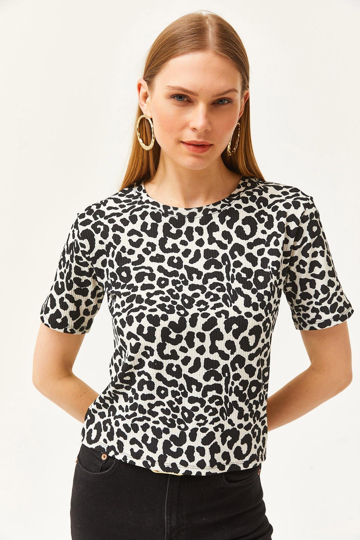 Fitilli Crop Örme Tişört Leopar Beyaz