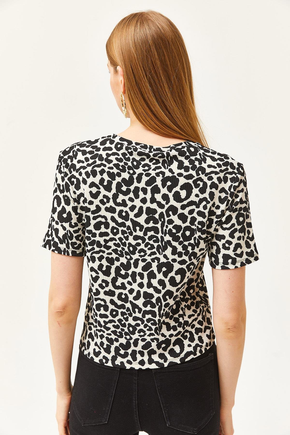 Fitilli Crop Örme Tişört Leopar Beyaz