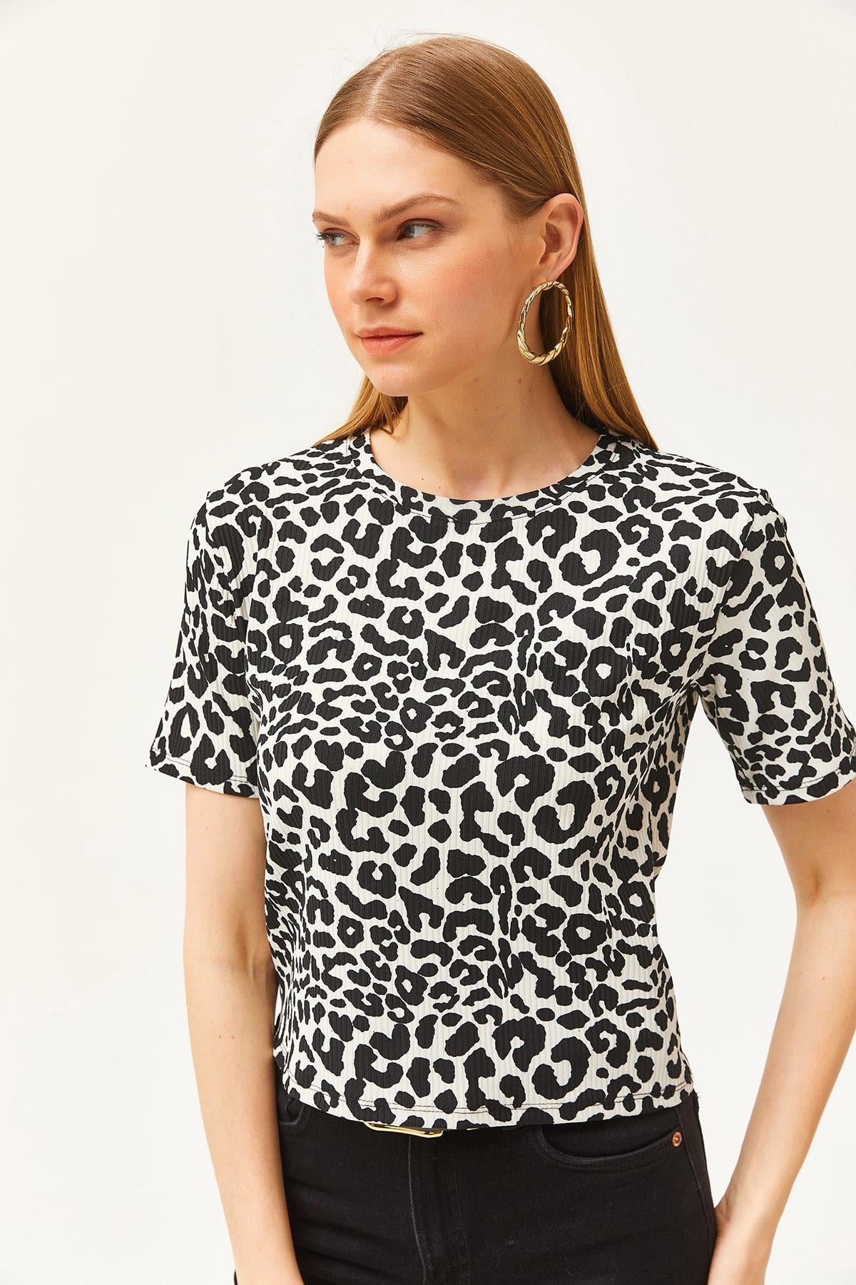 Fitilli Crop Örme Tişört Leopar Beyaz