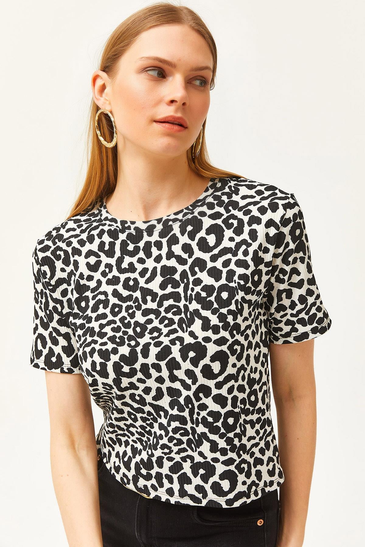 Fitilli Crop Örme Tişört Leopar Beyaz