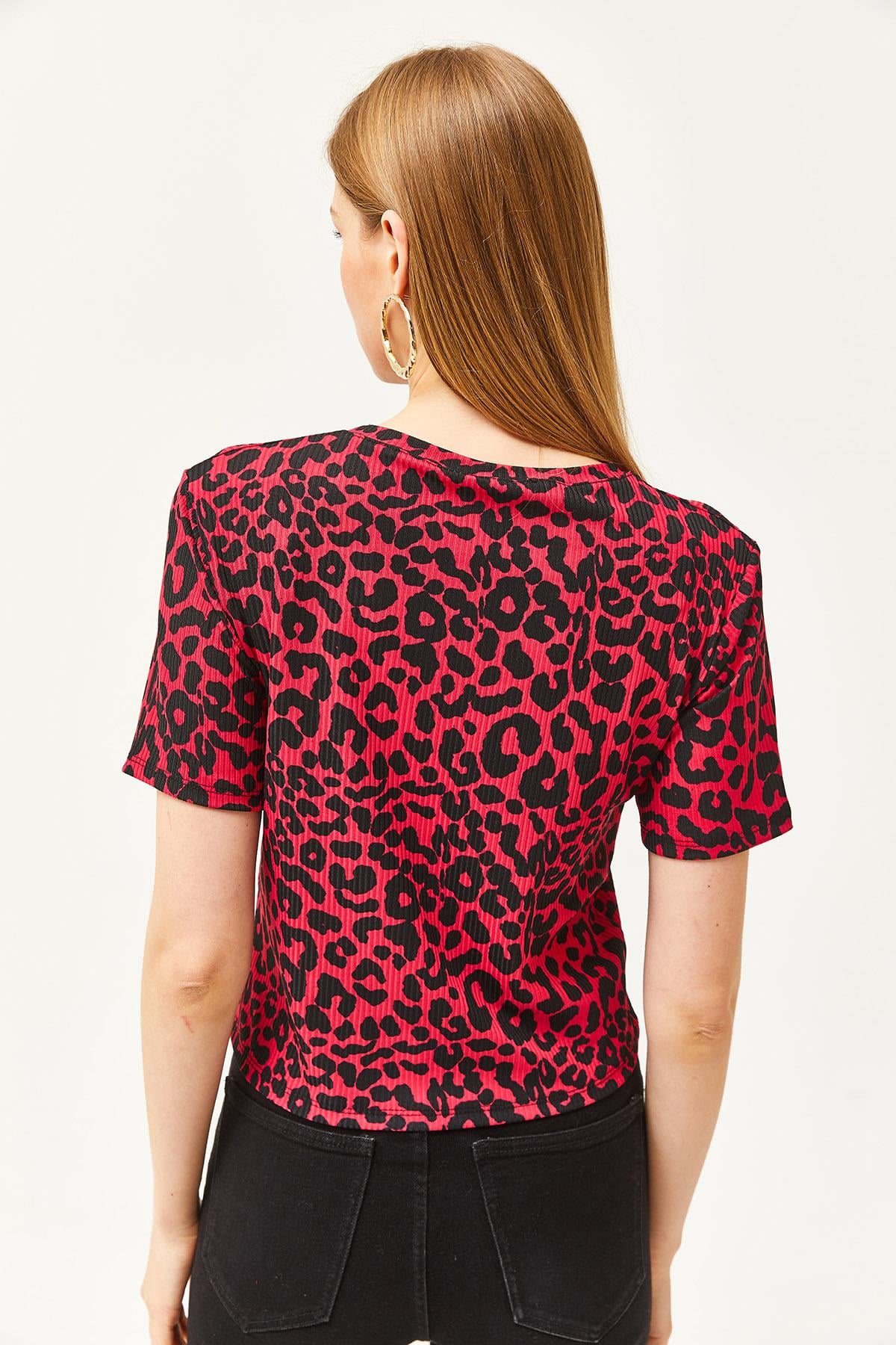 Fitilli Crop Örme Tişört Leopar Fuşya