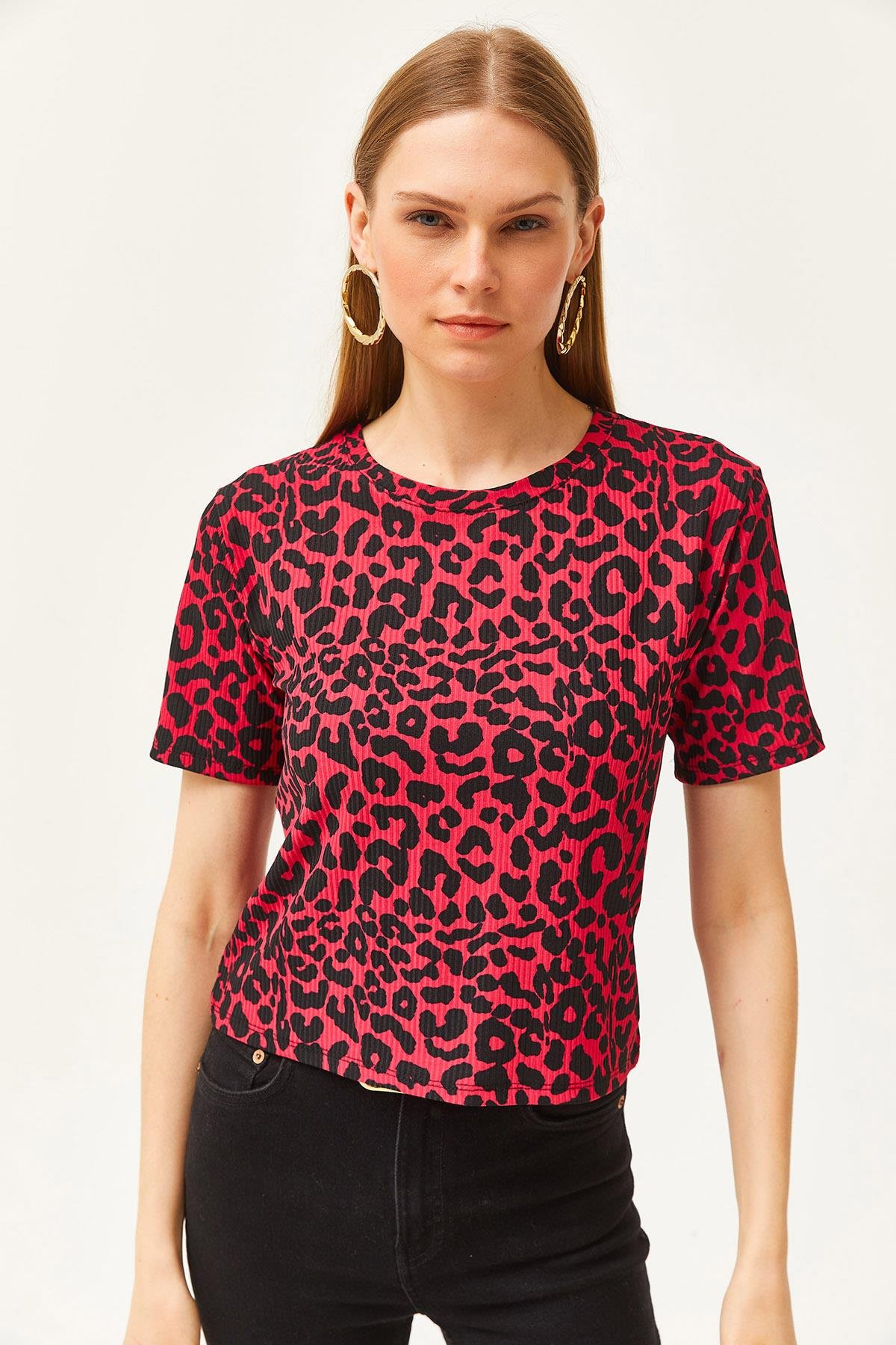 Fitilli Crop Örme Tişört Leopar Fuşya