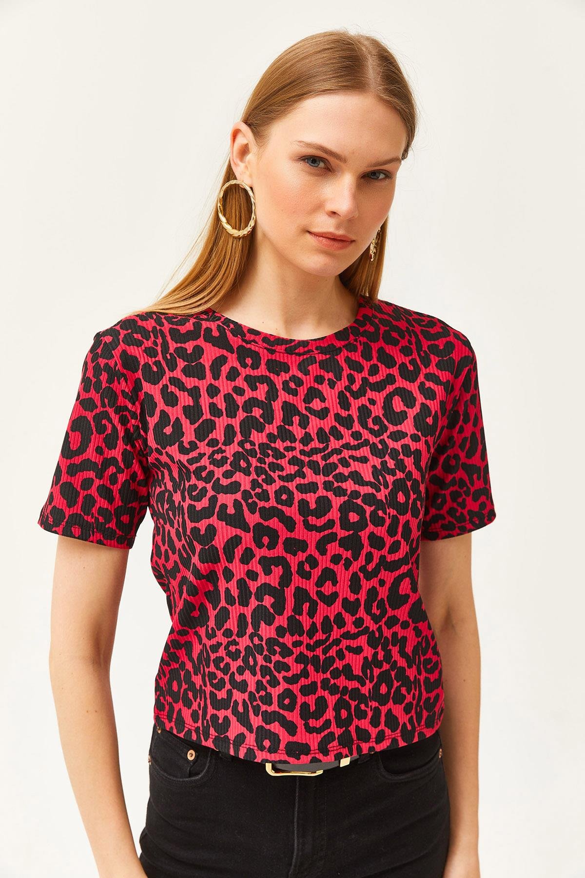 Fitilli Crop Örme Tişört Leopar Fuşya