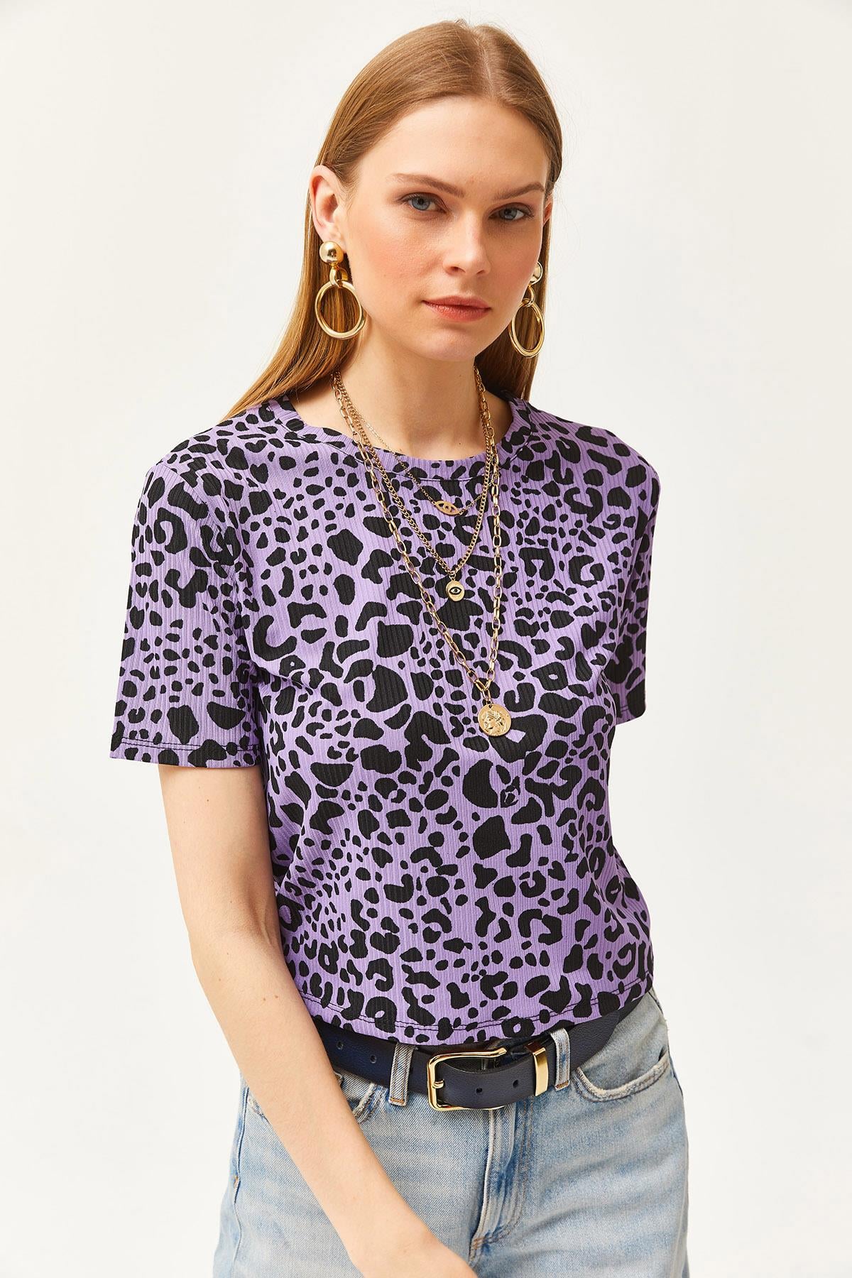 Fitilli Crop Örme Tişört Leopar Lila