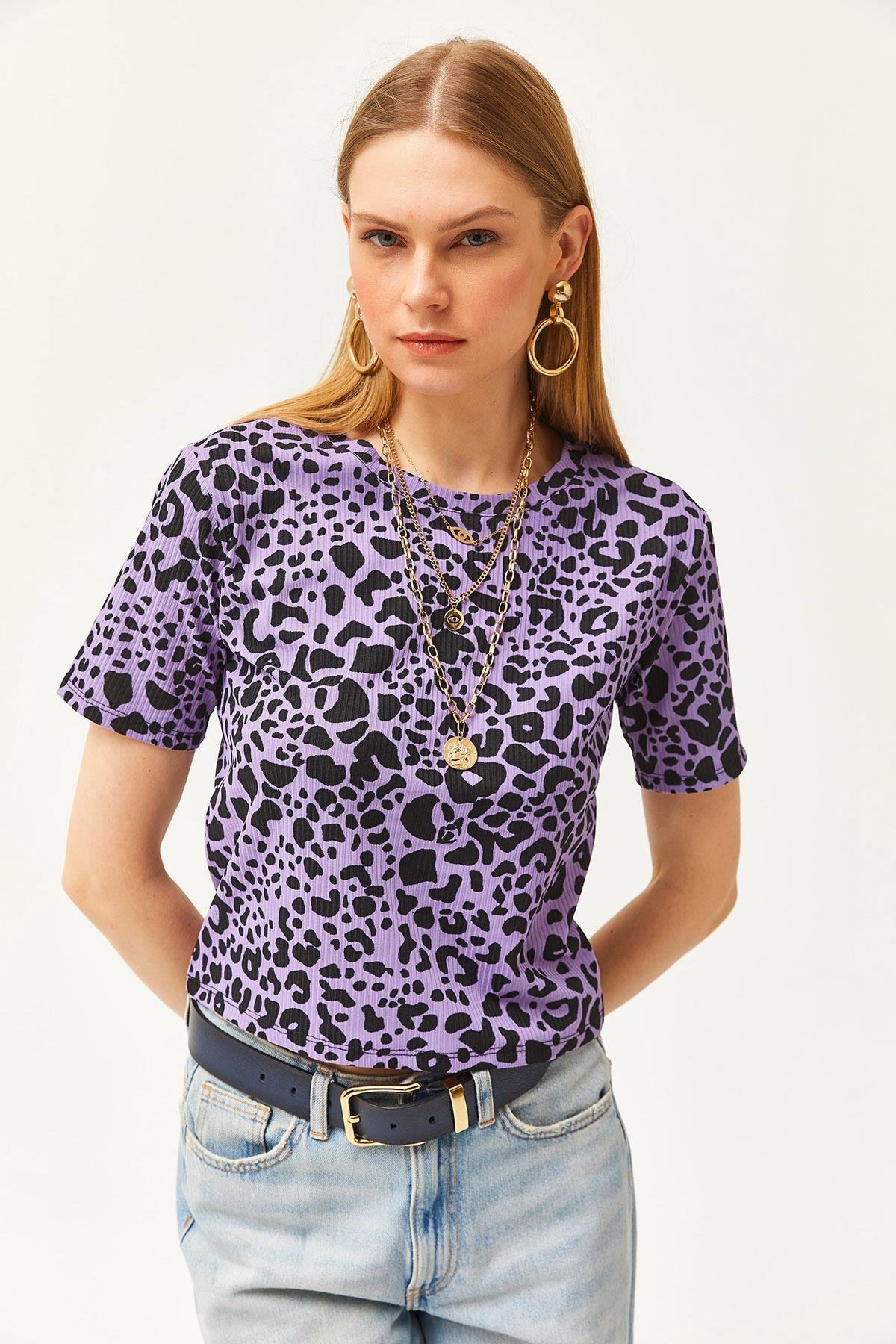 Fitilli Crop Örme Tişört Leopar Lila