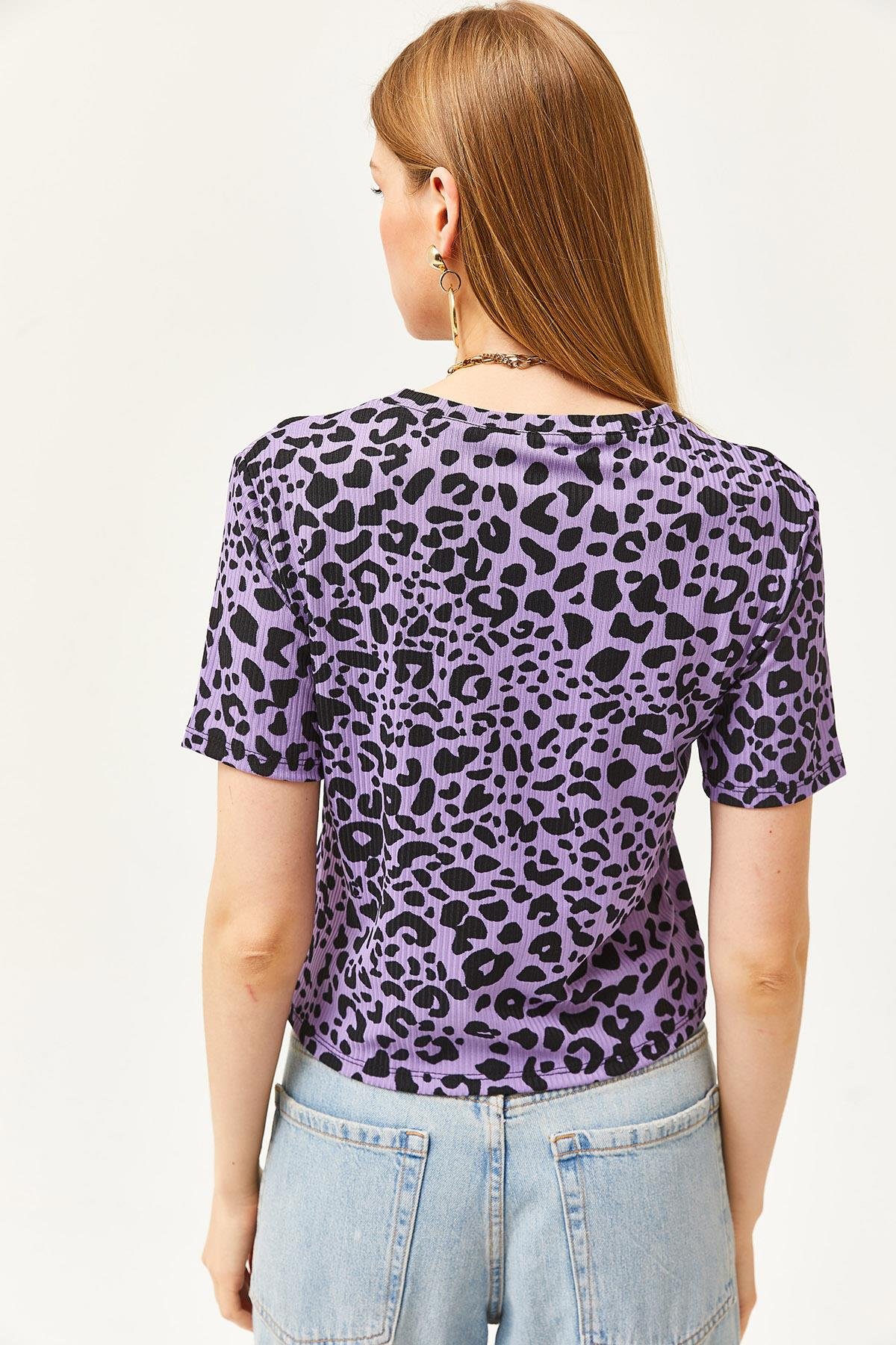 Fitilli Crop Örme Tişört Leopar Lila