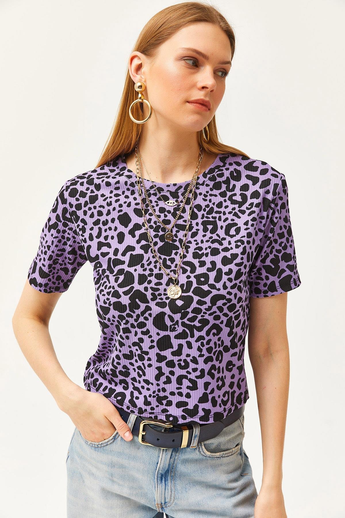 Fitilli Crop Örme Tişört Leopar Lila
