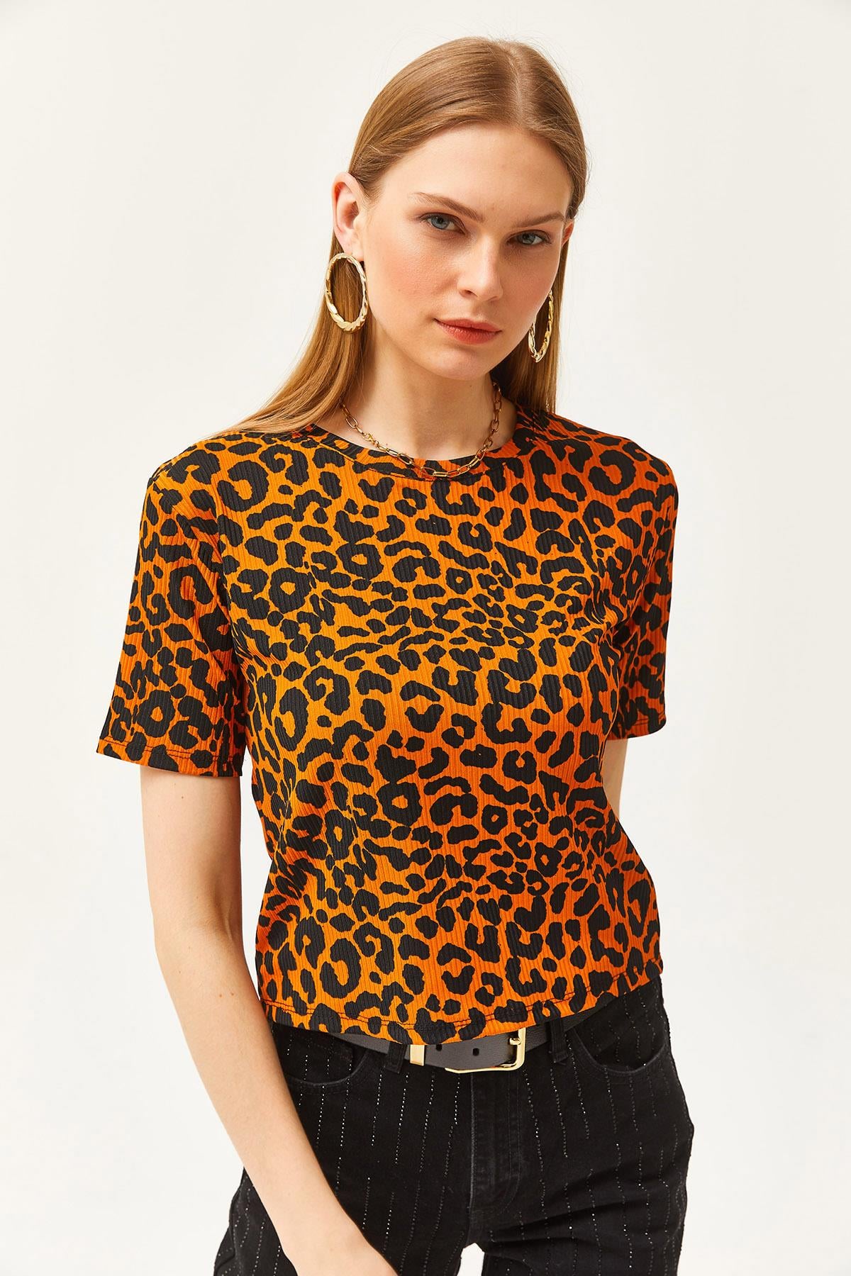 Fitilli Crop Örme Tişört Leopar Turuncu
