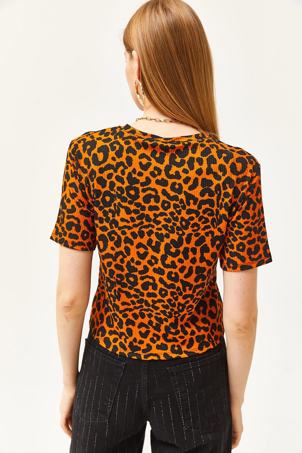 Fitilli Crop Örme Tişört Leopar Turuncu