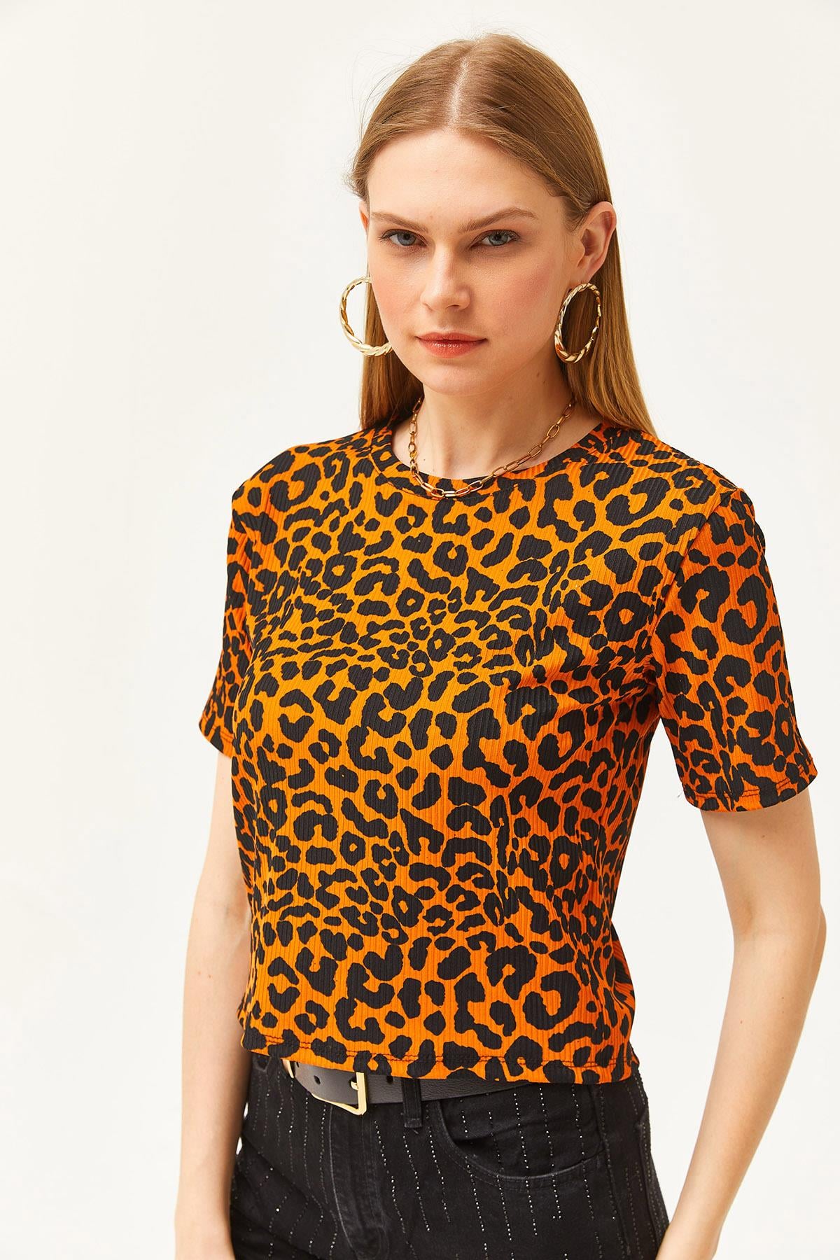 Fitilli Crop Örme Tişört Leopar Turuncu