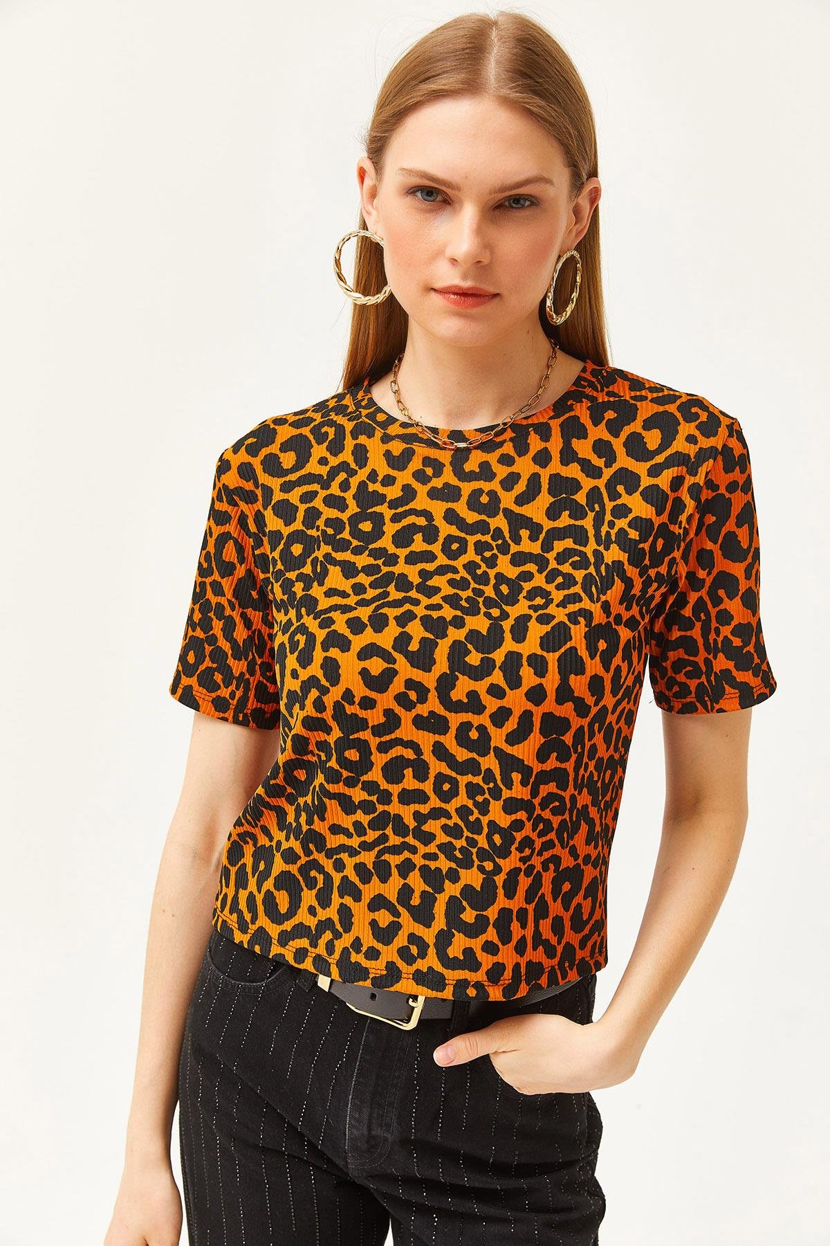 Fitilli Crop Örme Tişört Leopar Turuncu