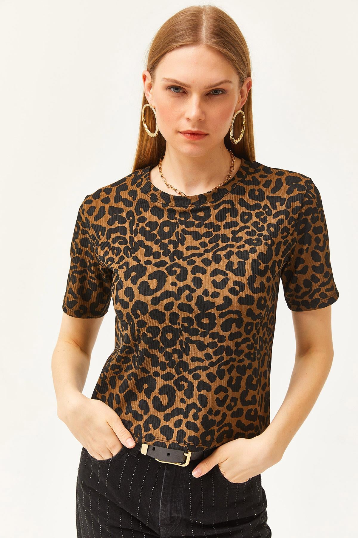 Fitilli Crop Örme Tişört Leopar Vizon