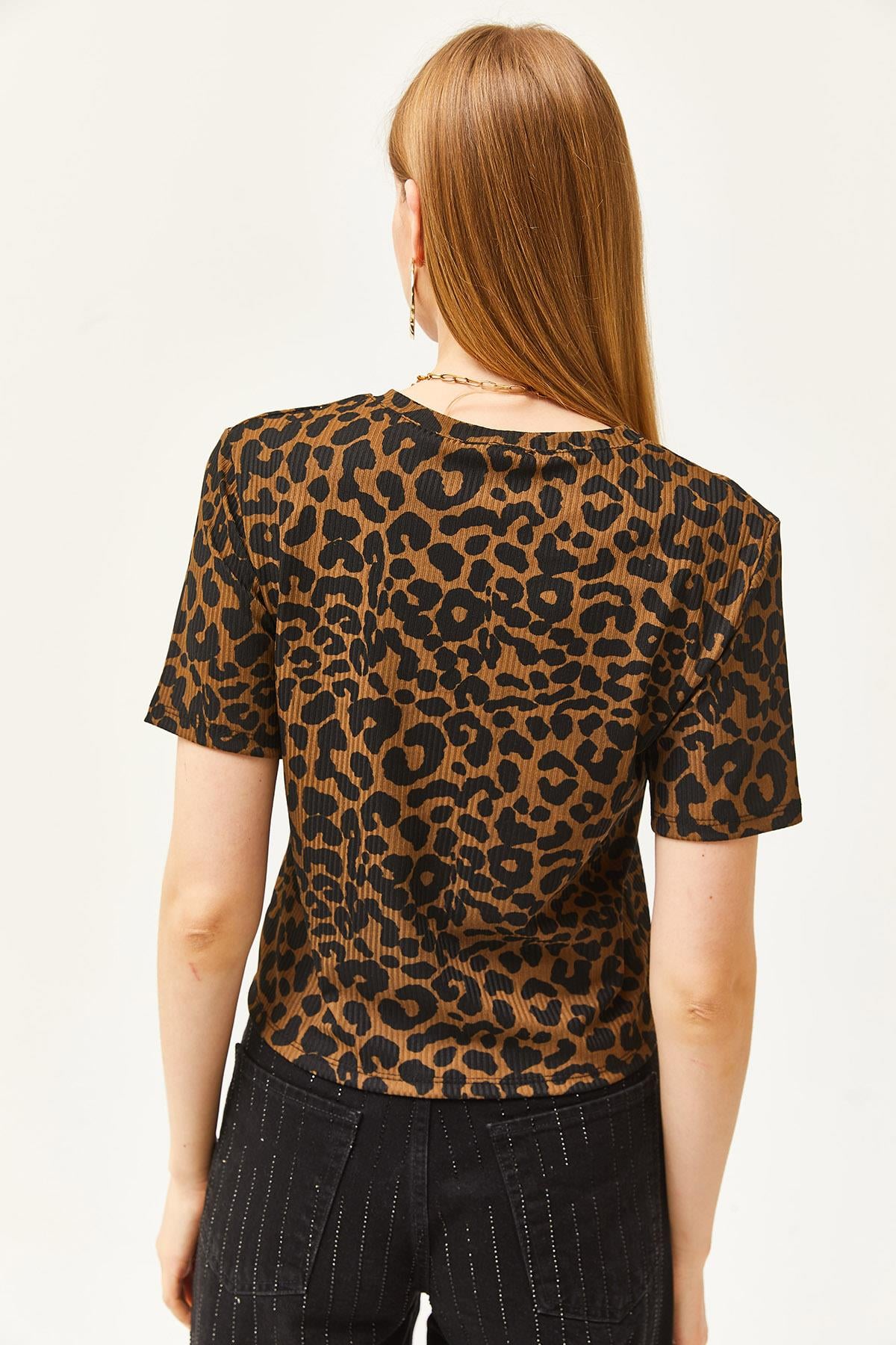 Fitilli Crop Örme Tişört Leopar Vizon