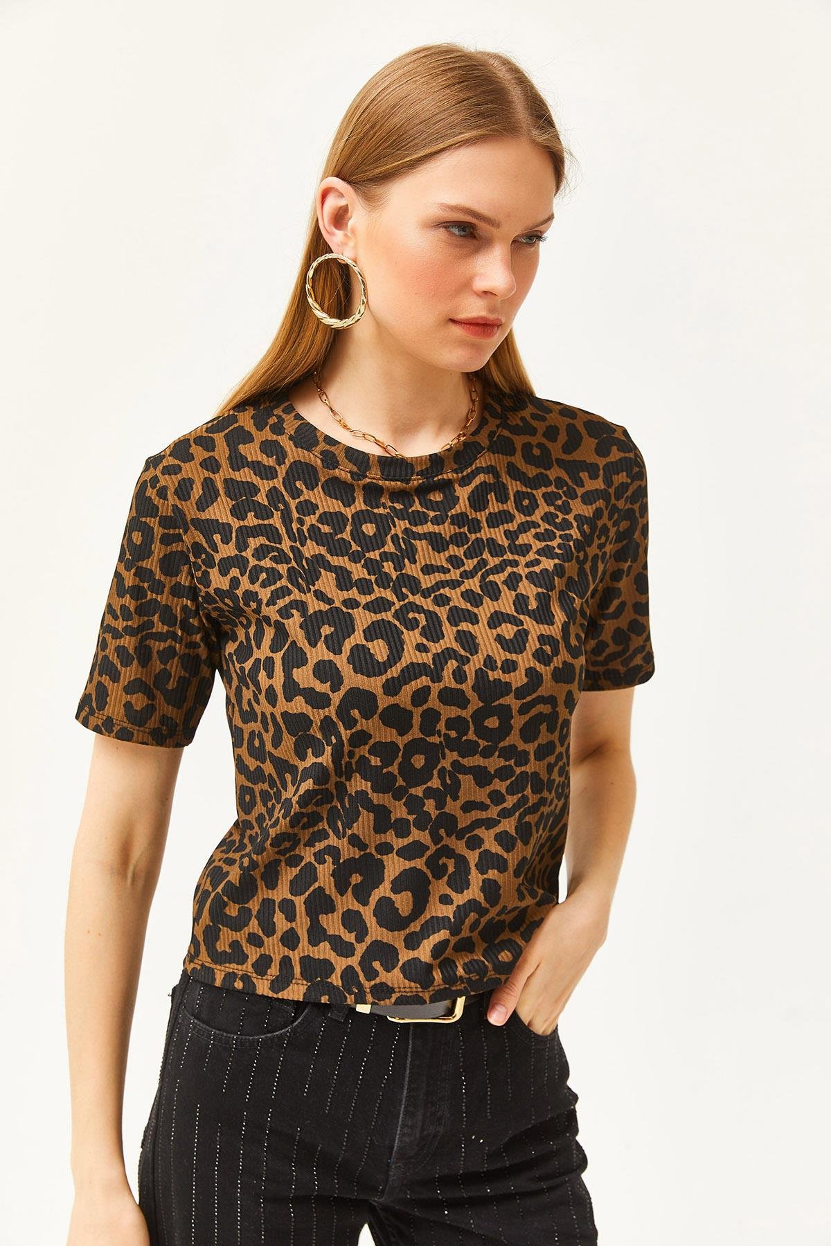 Fitilli Crop Örme Tişört Leopar Vizon