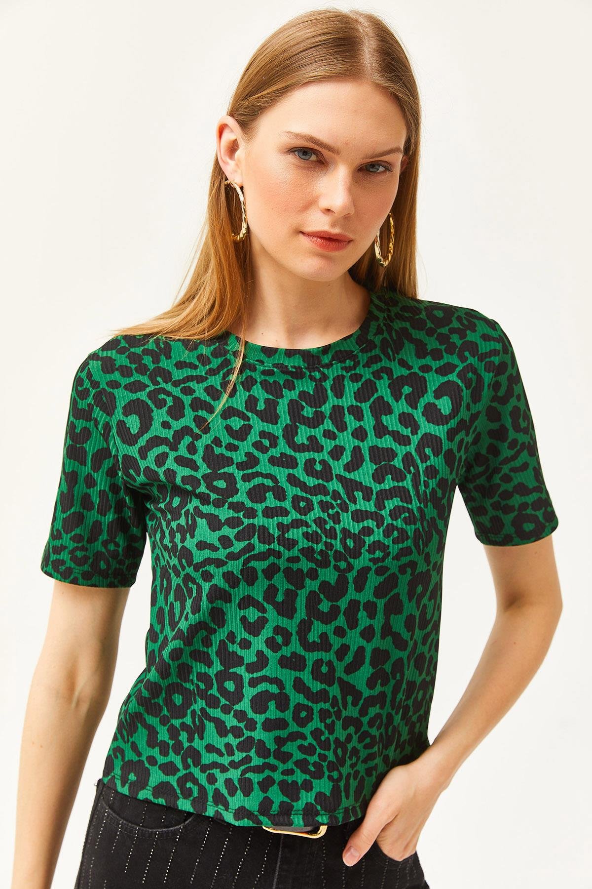 Fitilli Crop Örme Tişört Leopar Zümrüt Yeşili