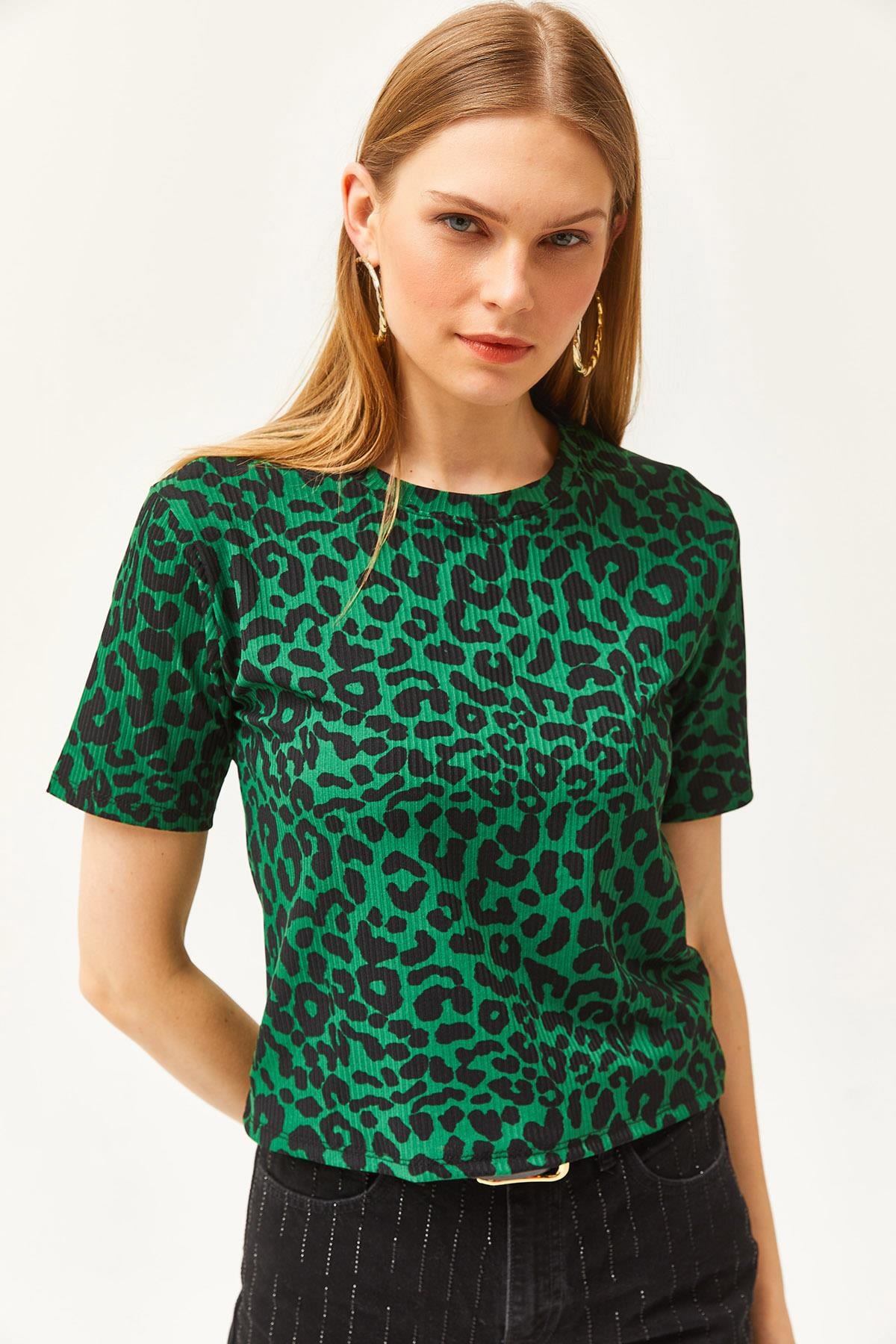 Fitilli Crop Örme Tişört Leopar Zümrüt Yeşili