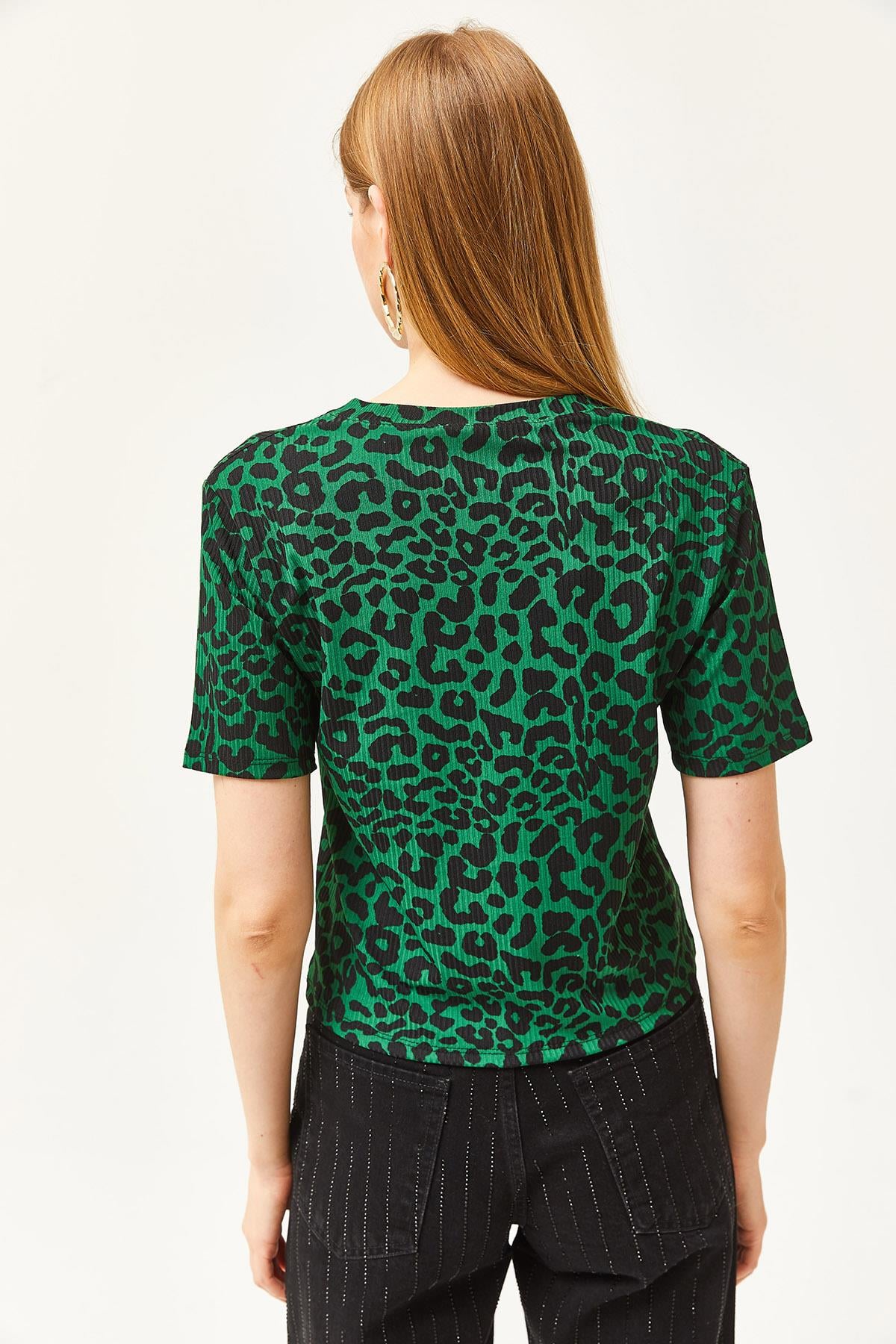 Fitilli Crop Örme Tişört Leopar Zümrüt Yeşili