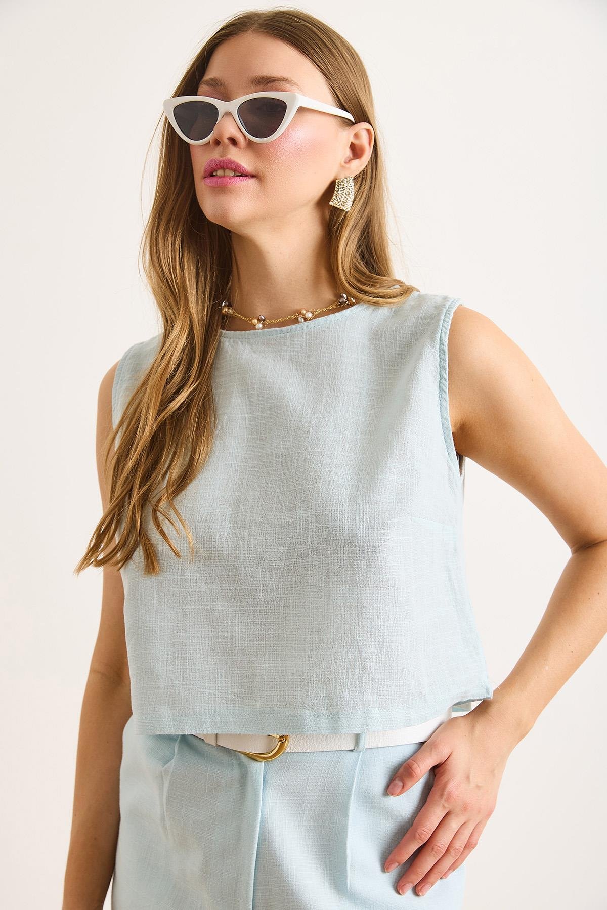 Flam Keten Crop Bluz Bebe Mavi