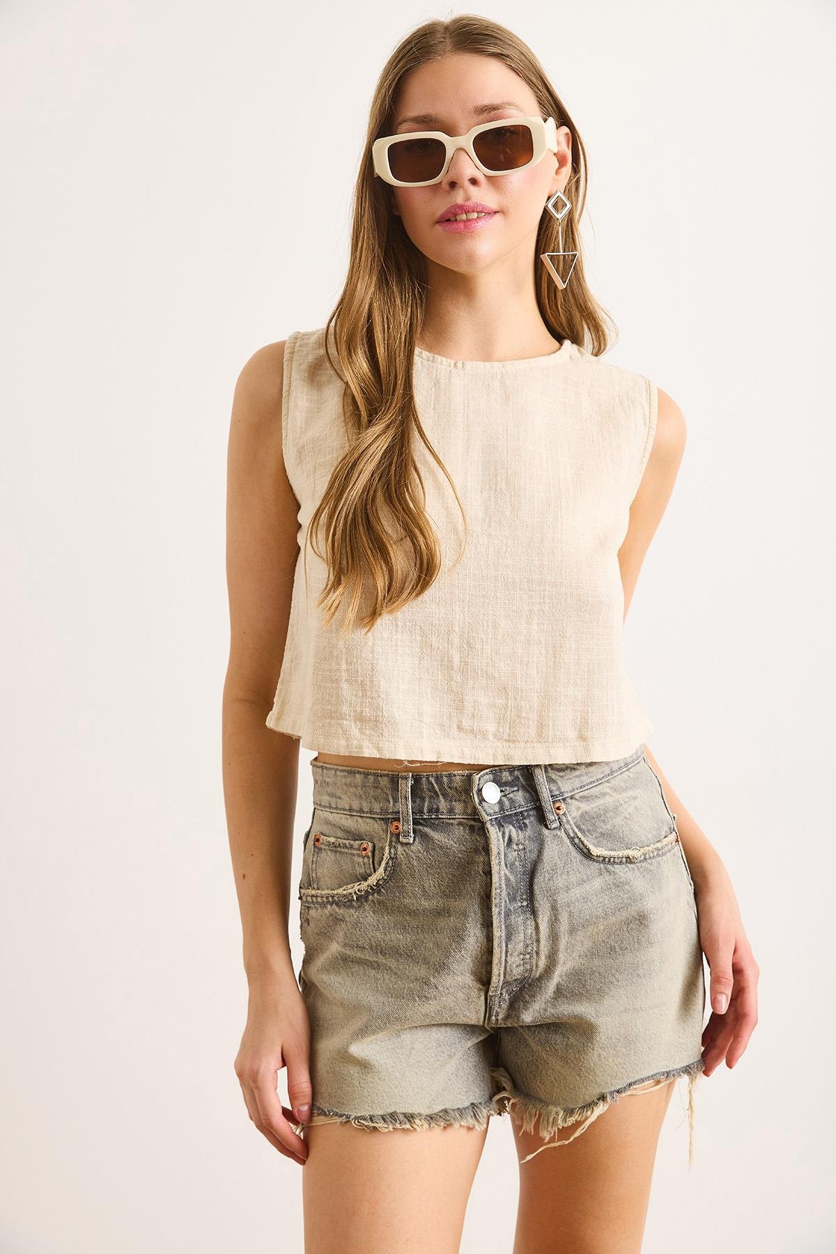 Flam Keten Crop Bluz Bej