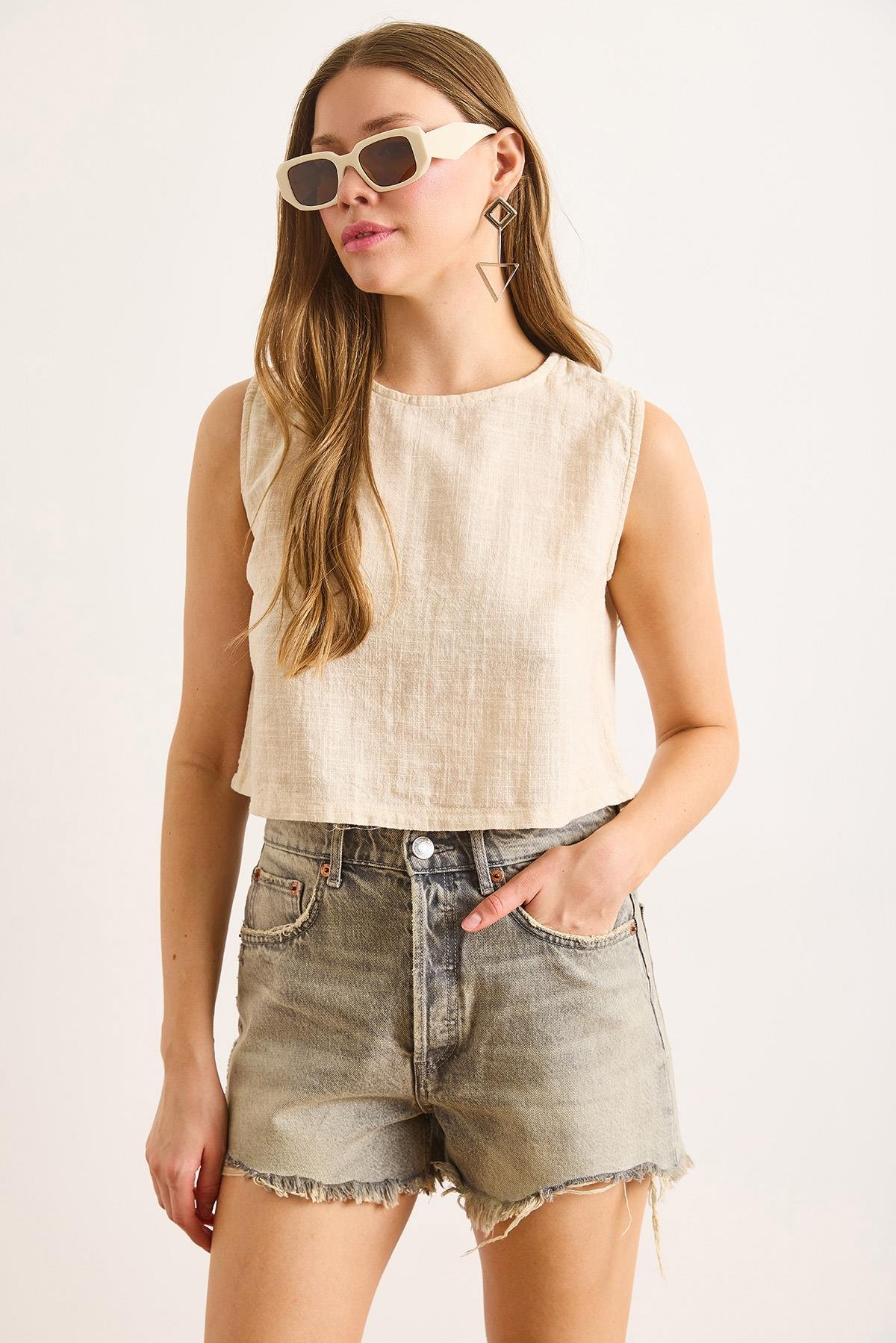 Flam Keten Crop Bluz Bej