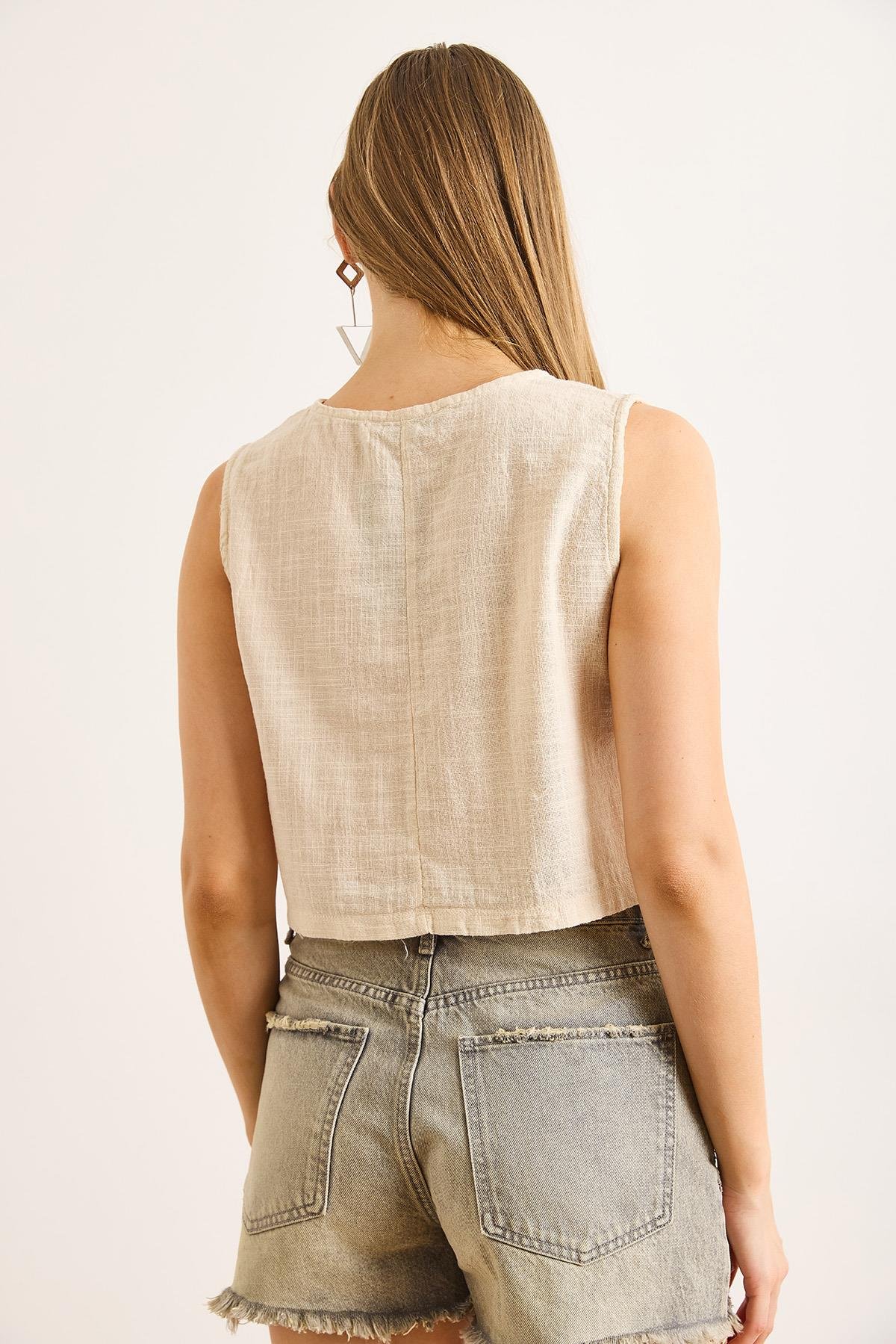 Flam Keten Crop Bluz Bej