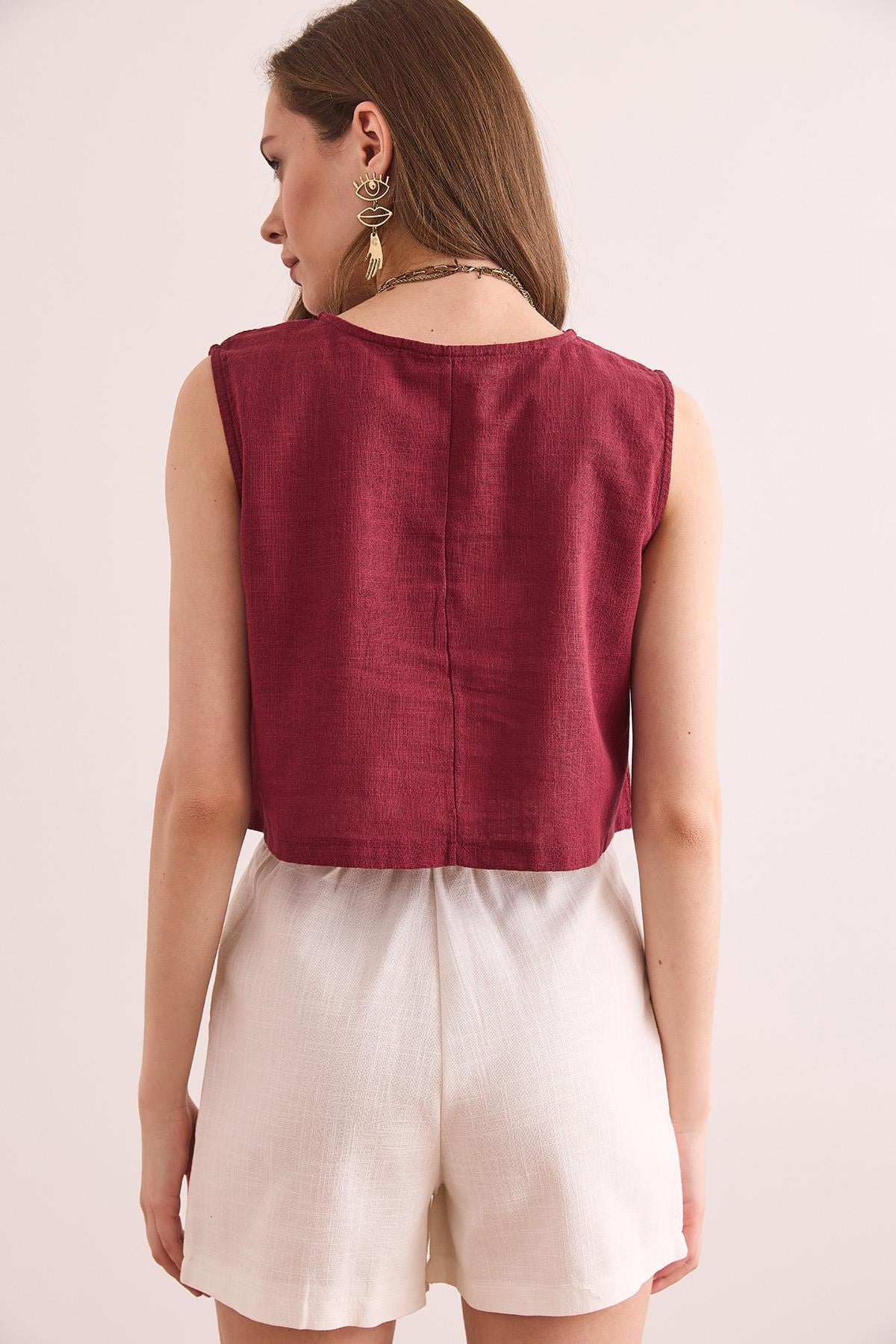 Flam Keten Crop Bluz Bordo