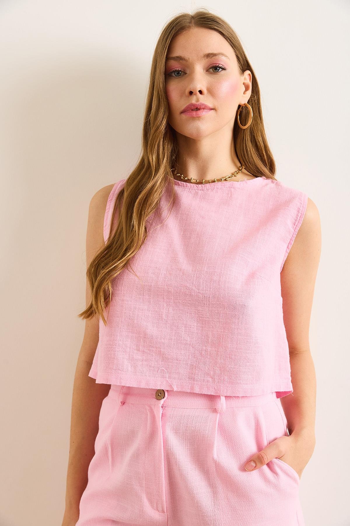 Flam Keten Crop Bluz Pembe
