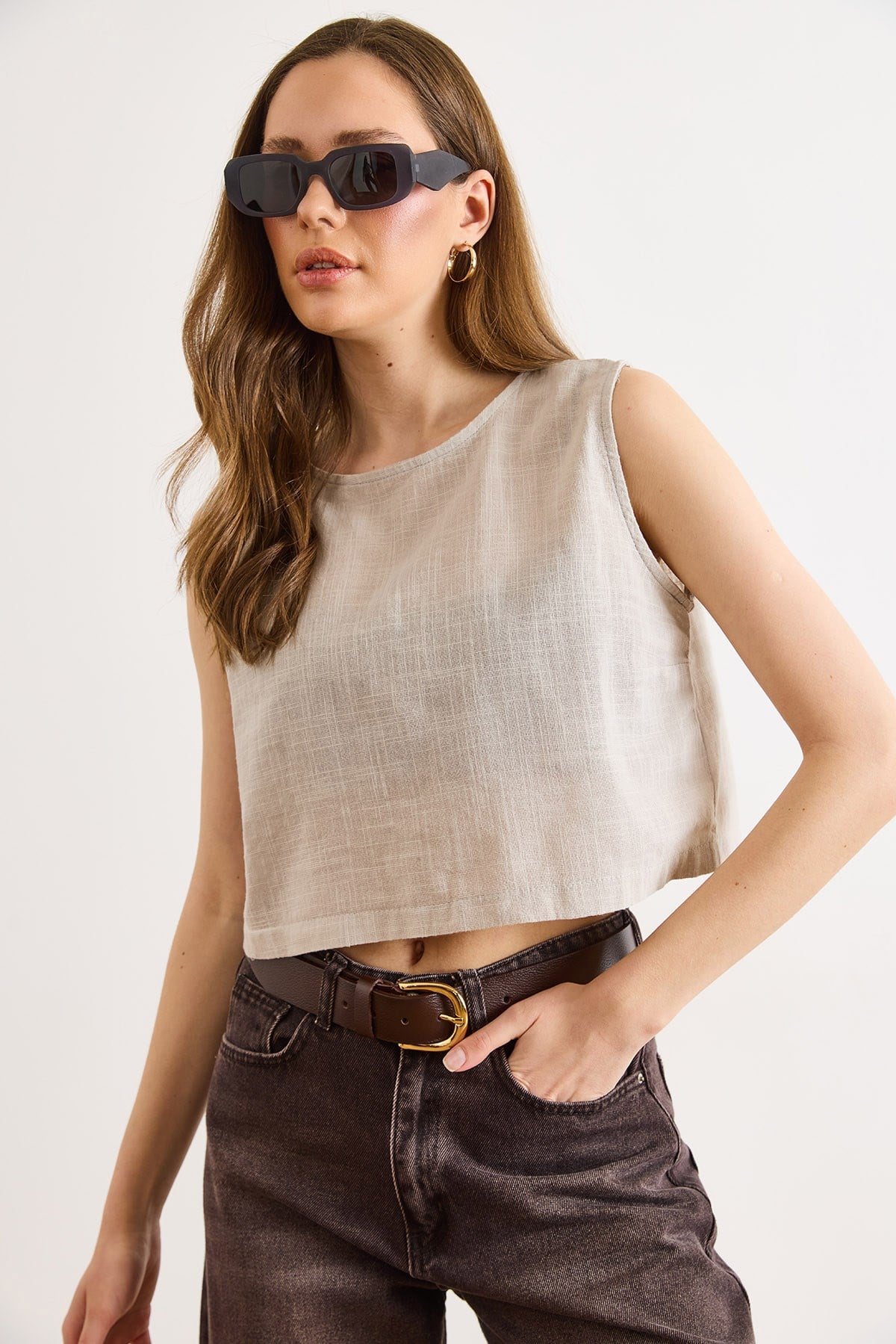 Flam Keten Crop Bluz Taş