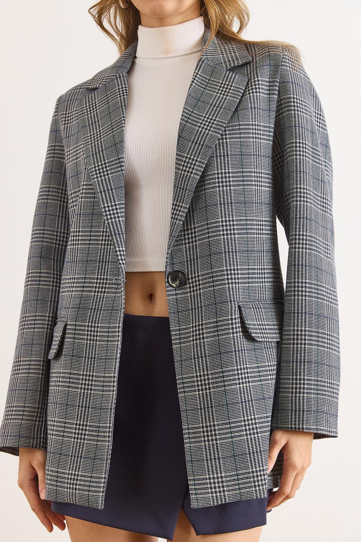 Fleto Cep Astarlı Blazer Ceket Mavi