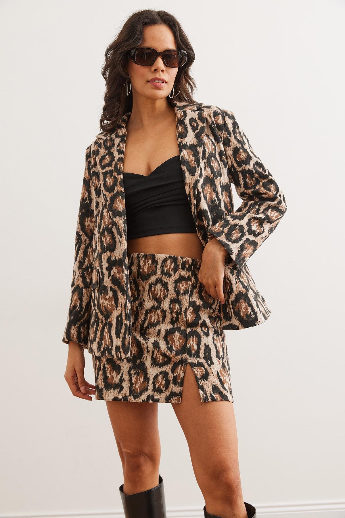 Fleto Cepli Astarlı Kaşe Blazer Ceket Camel Leopar