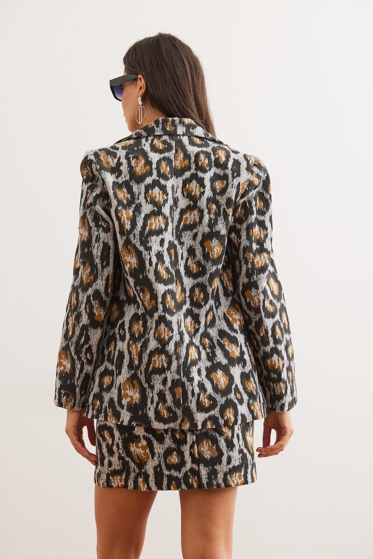 Fleto Cepli Astarlı Kaşe Blazer Ceket Gri Leopar