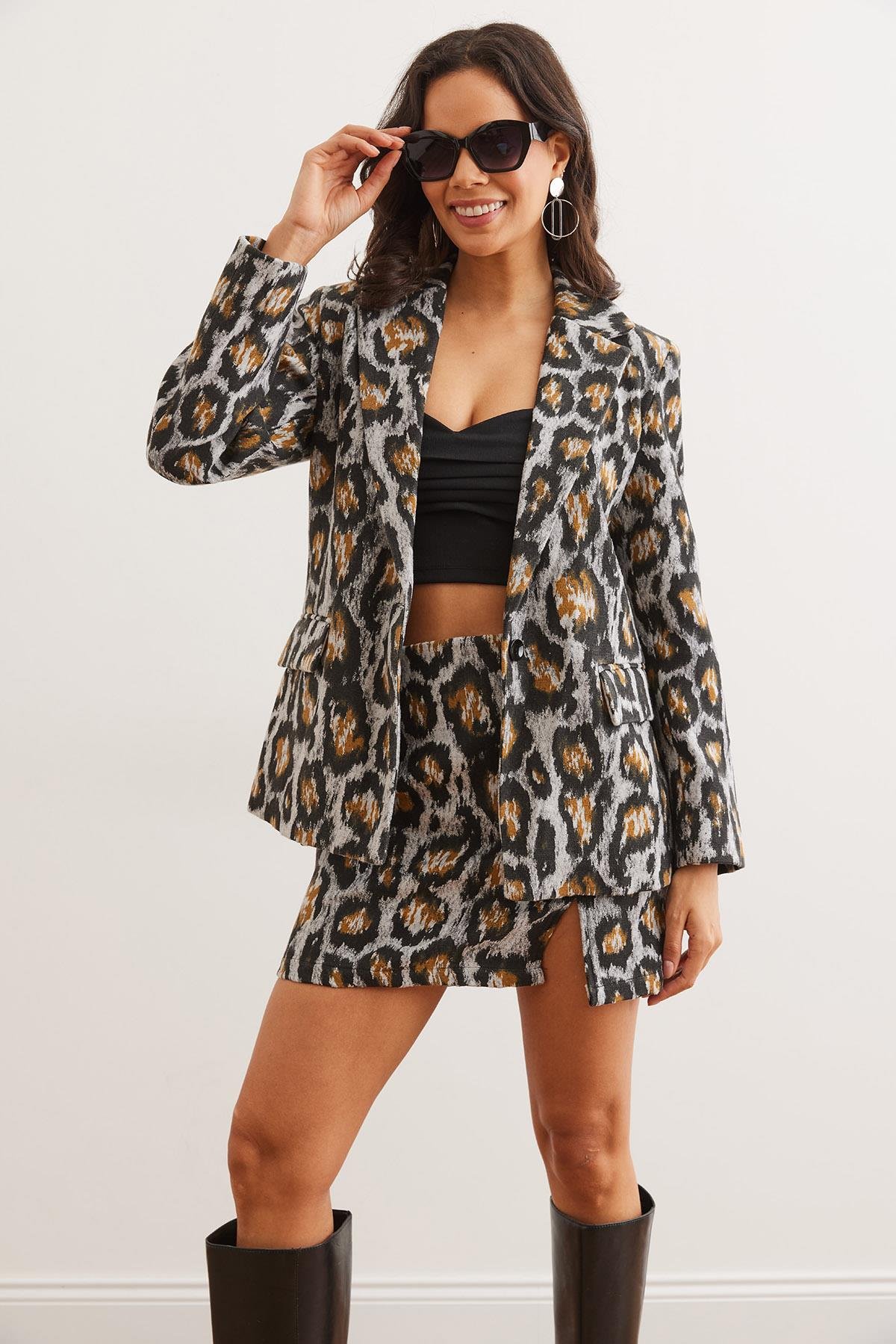 Fleto Cepli Astarlı Kaşe Blazer Ceket Gri Leopar