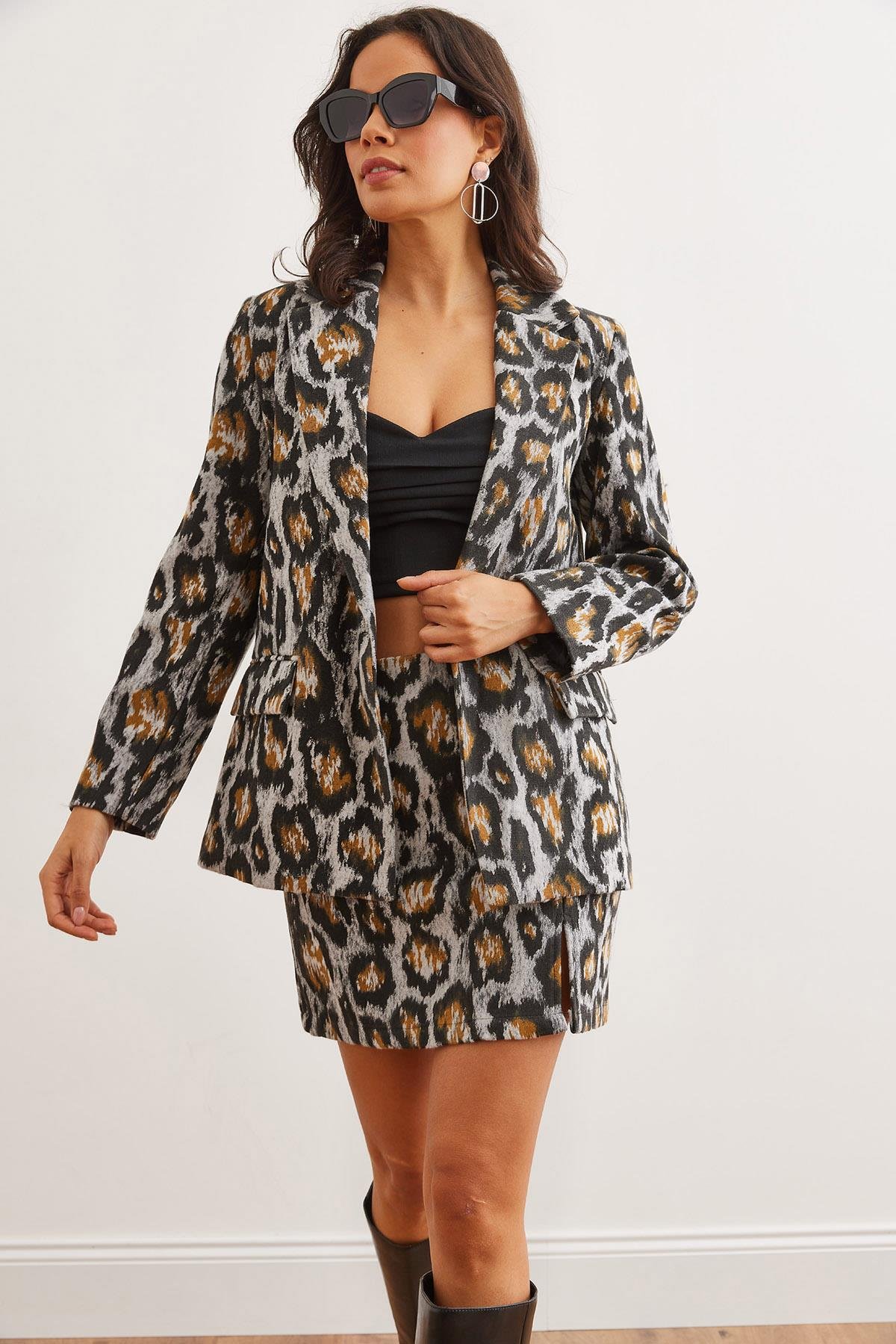 Fleto Cepli Astarlı Kaşe Blazer Ceket Gri Leopar