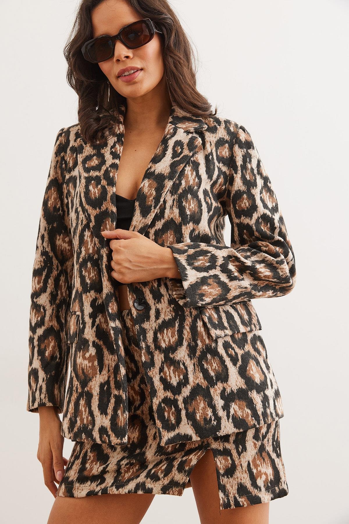 Fleto Cepli Astarlı Kaşe Blazer Ceket Camel Leopar