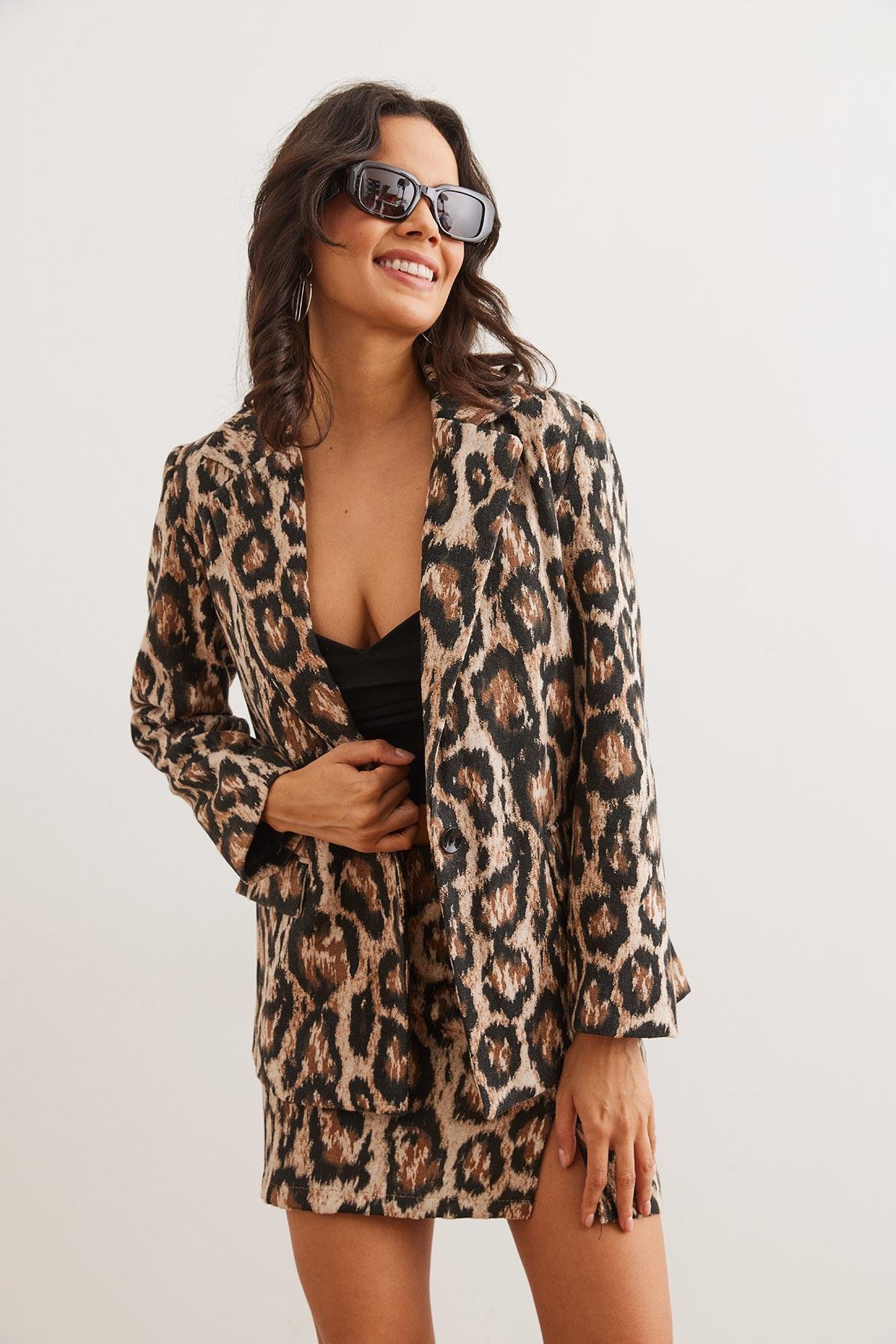 Fleto Cepli Astarlı Kaşe Blazer Ceket Camel Leopar