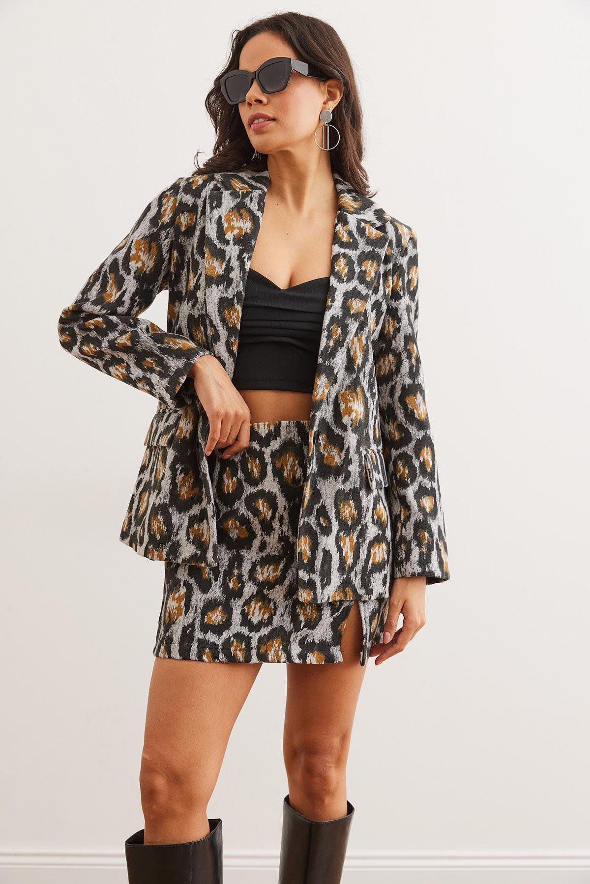 Fleto Cepli Astarlı Kaşe Blazer Ceket Gri Leopar