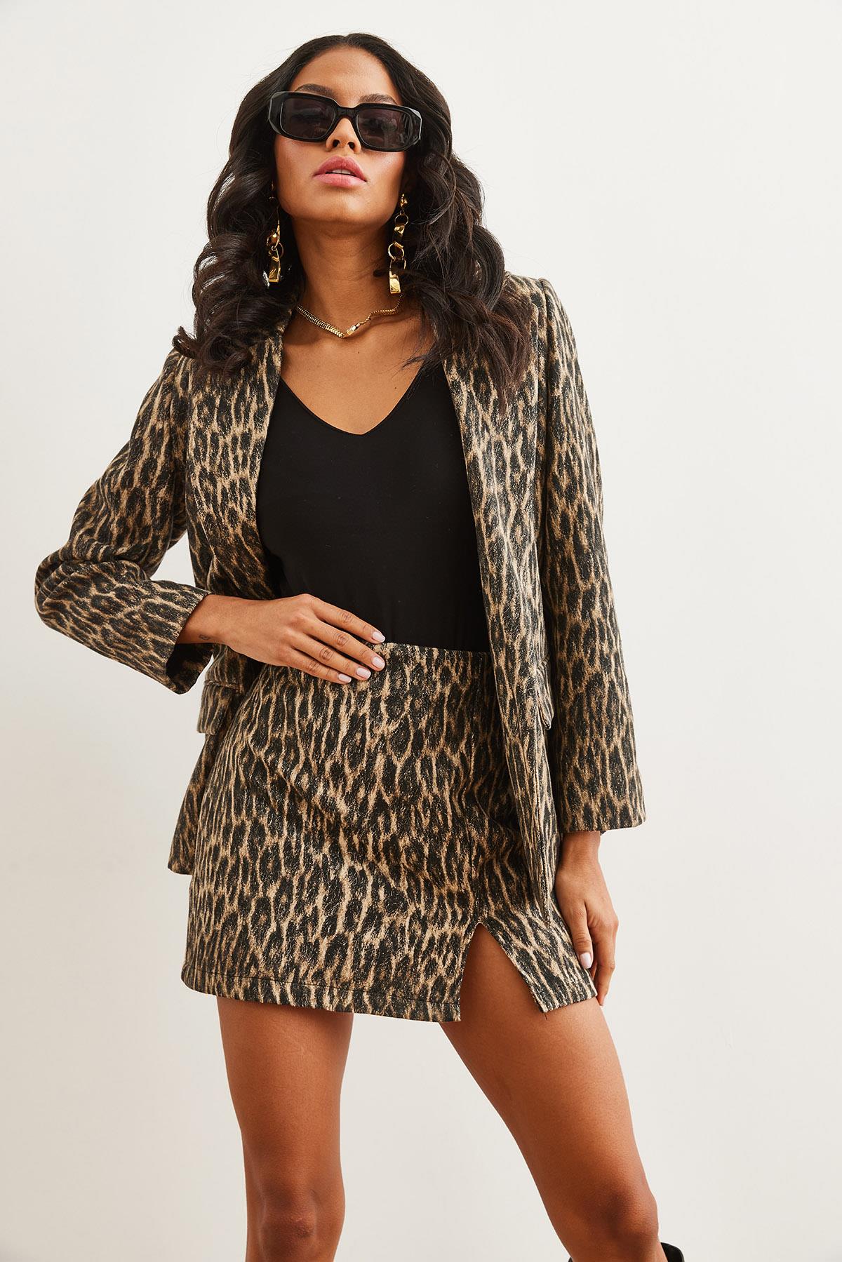 Fleto Cepli Astarlı Kaşe Blazer Ceket Leopar Taş