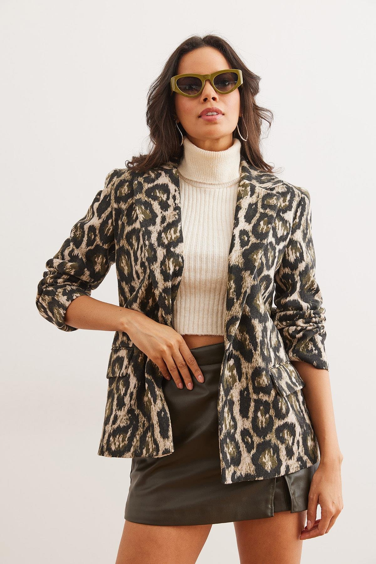Fleto Cepli Astarlı Kaşe Blazer Ceket Haki Leopar