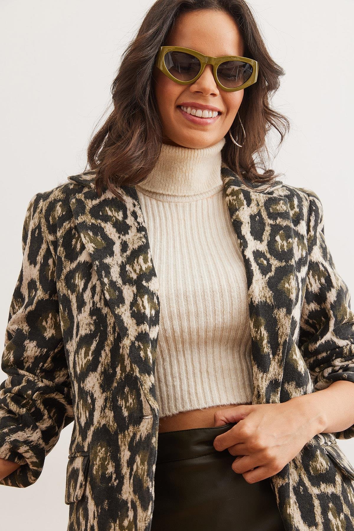 Fleto Cepli Astarlı Kaşe Blazer Ceket Haki Leopar