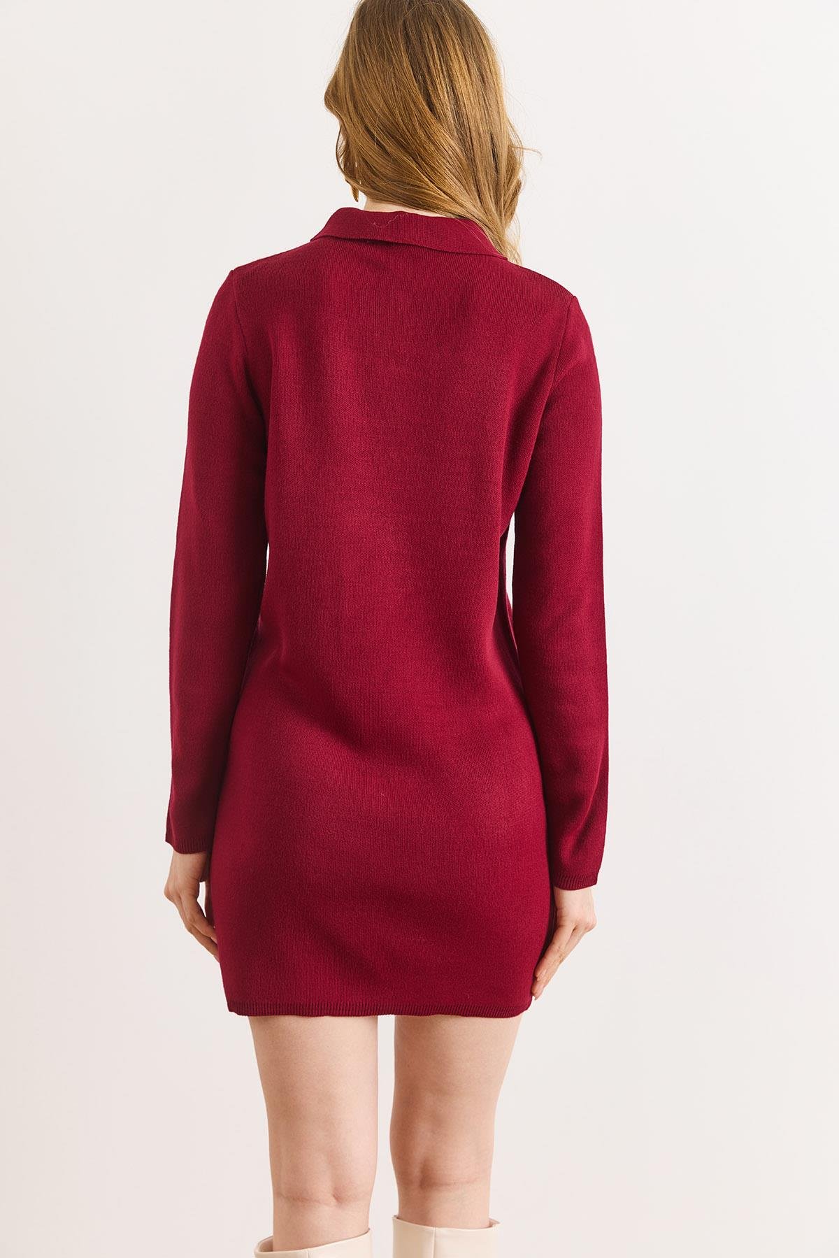 Fular Detaylı Polo Yaka Mini Triko Elbise Bordo