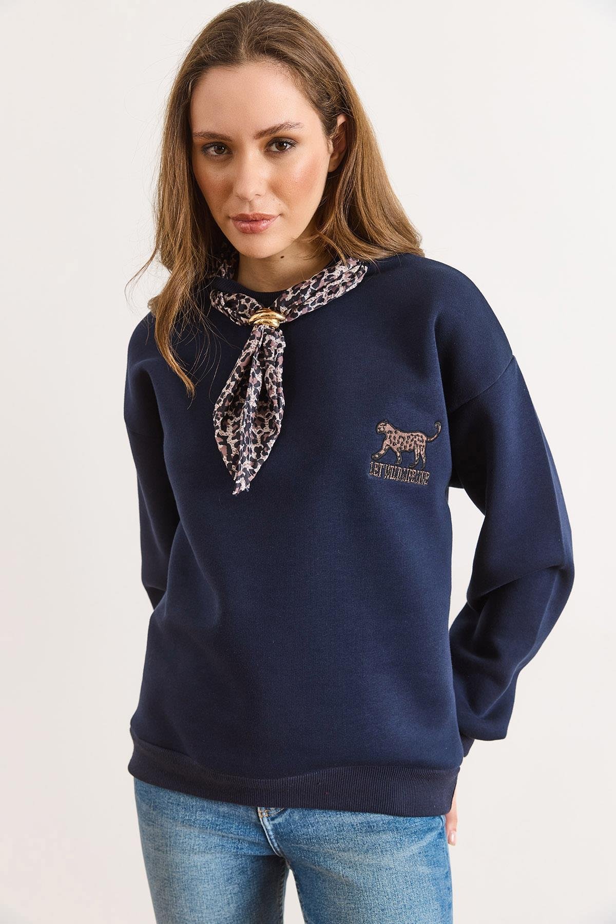 Fular Detaylı Şardonlu Sweatshirt Lacivert