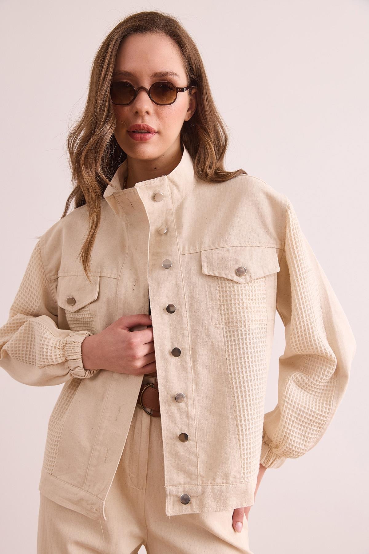 Garnili Cepli Pamuk Gabardin Ceket Ekru